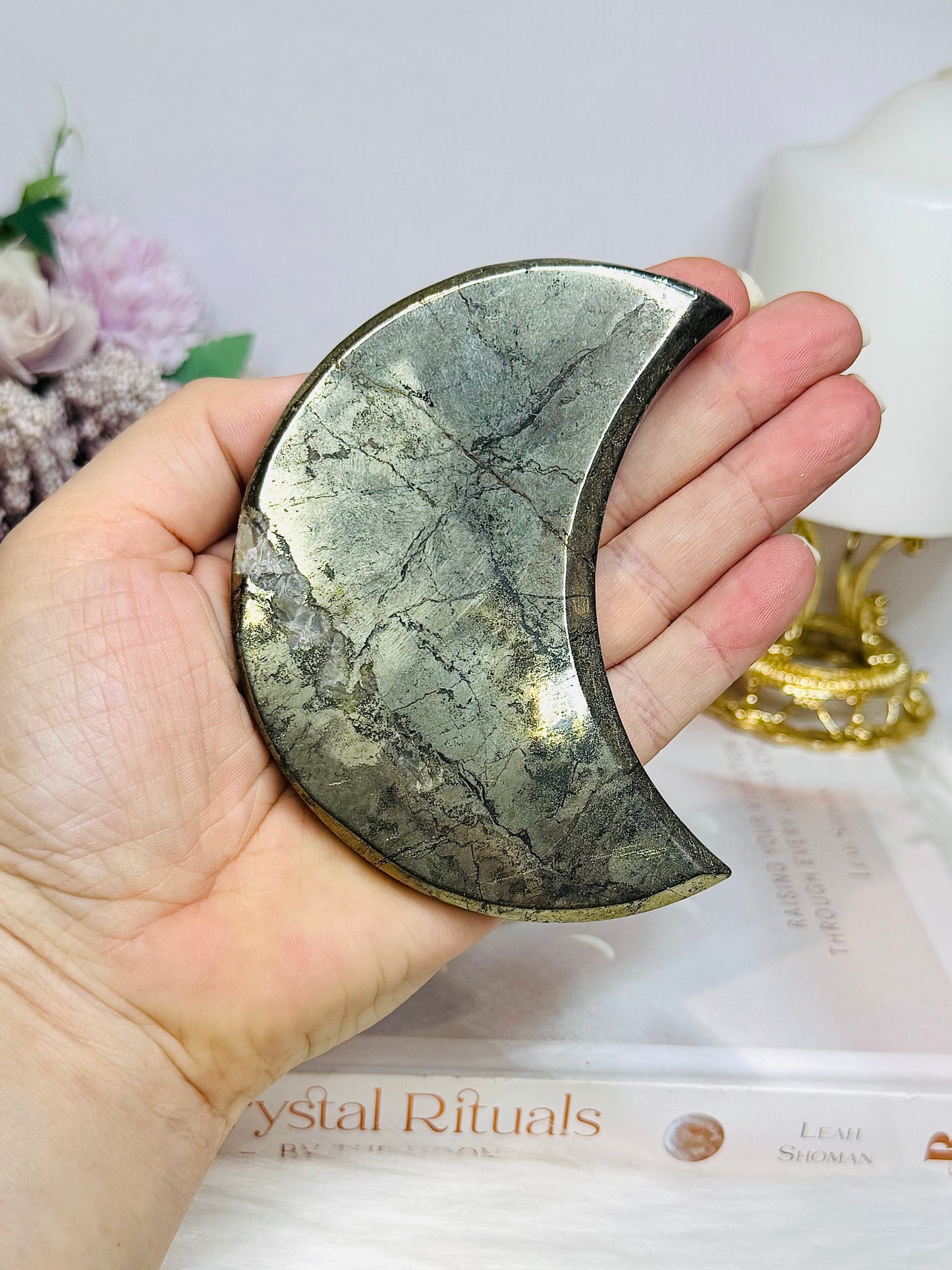 Large Pyrite Carved Moon on Stand 10cm