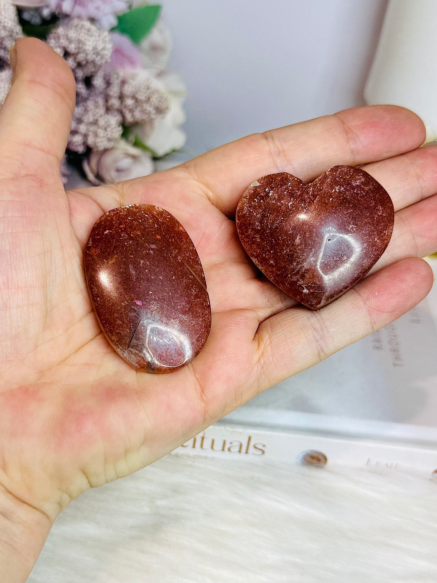 High Grade Golden Sunstone Carved Heart & Palm Stone Set