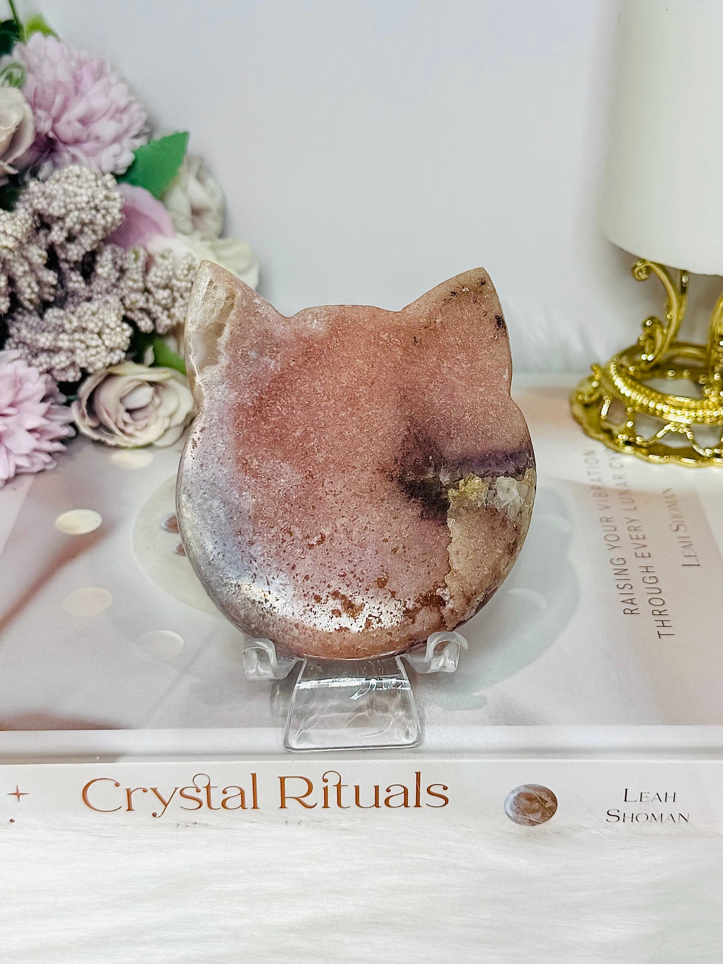 Pink Amethyst Druzy Cat Carving On Stand 9cm 254g