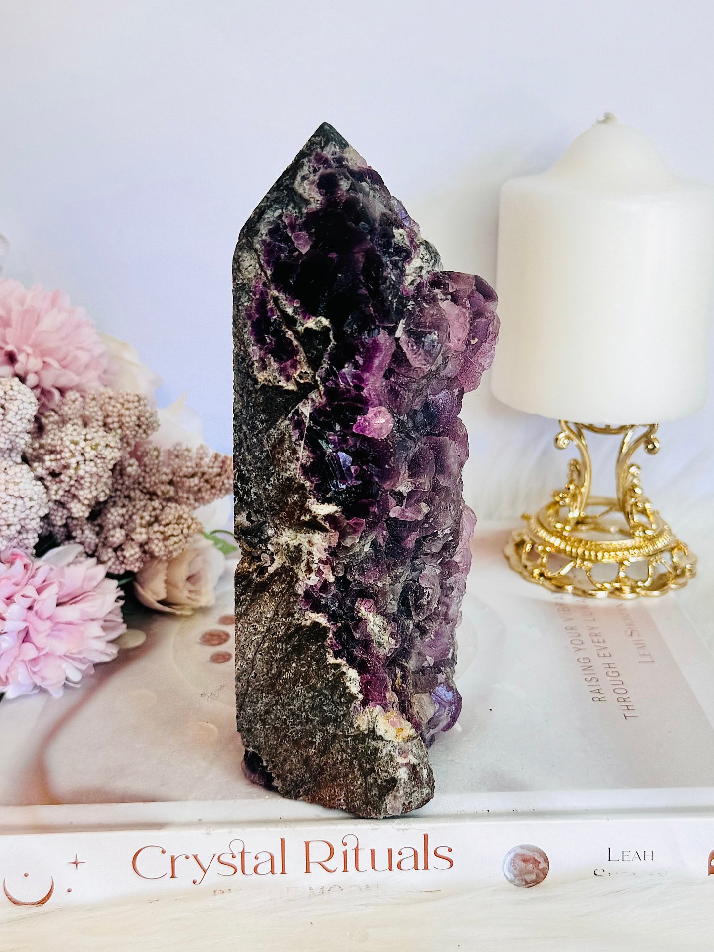 Absolutely Incredible Large Chunky 17cm Natural Druzy Purple Root Fluorite Tower