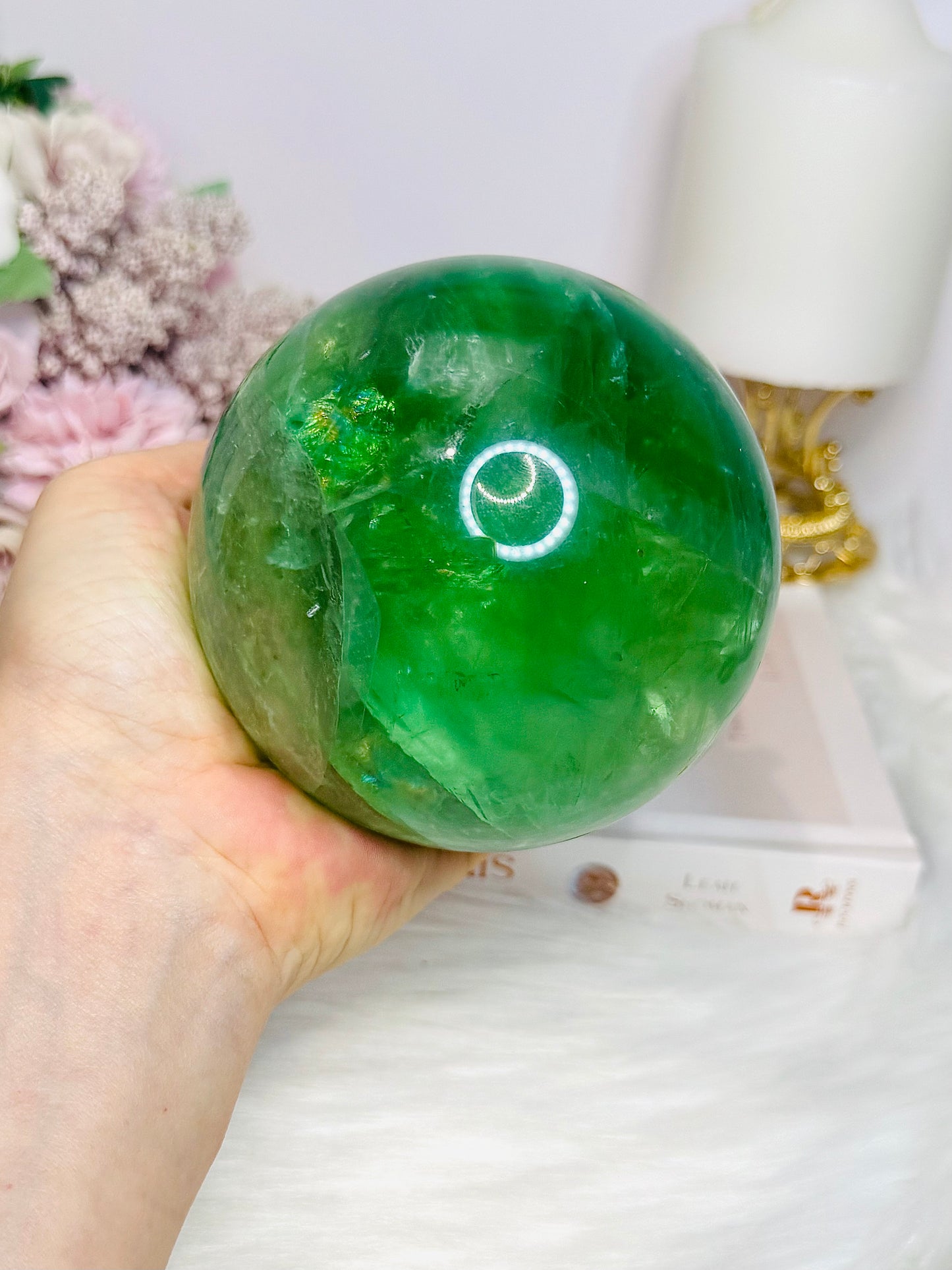 Huge Green Fluorite Sphere with Rainbows On Tall Glass Stand 1.4KG (stand can be changed)