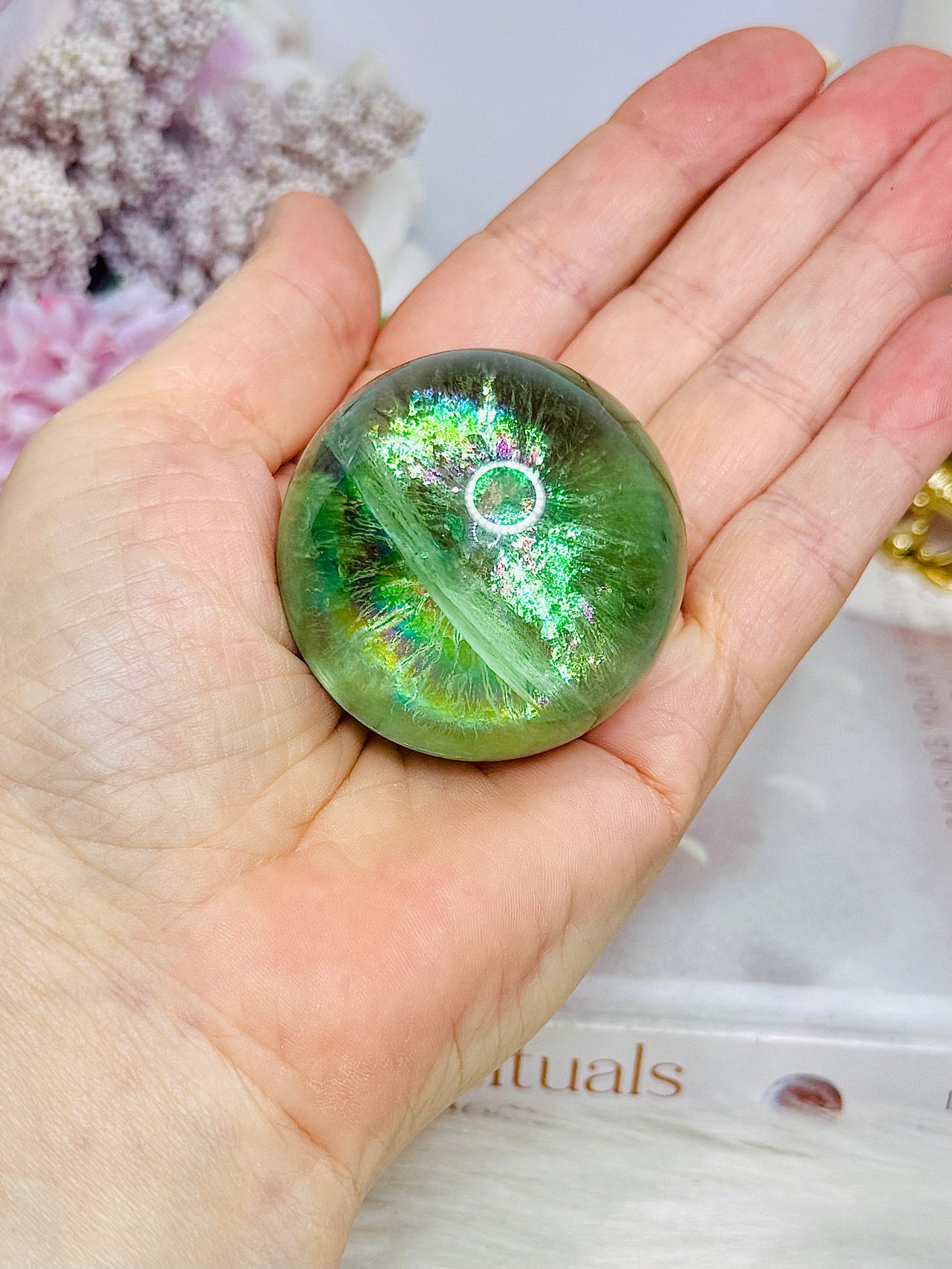 FOR SUE ~ High Grade Fluorite Sphere Full of Incredible Rainbows 161g On Stand