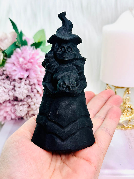 Powerful Protection Stone ~ Tall Black Tourmaline Carved Witch With Matt Finish 13cm