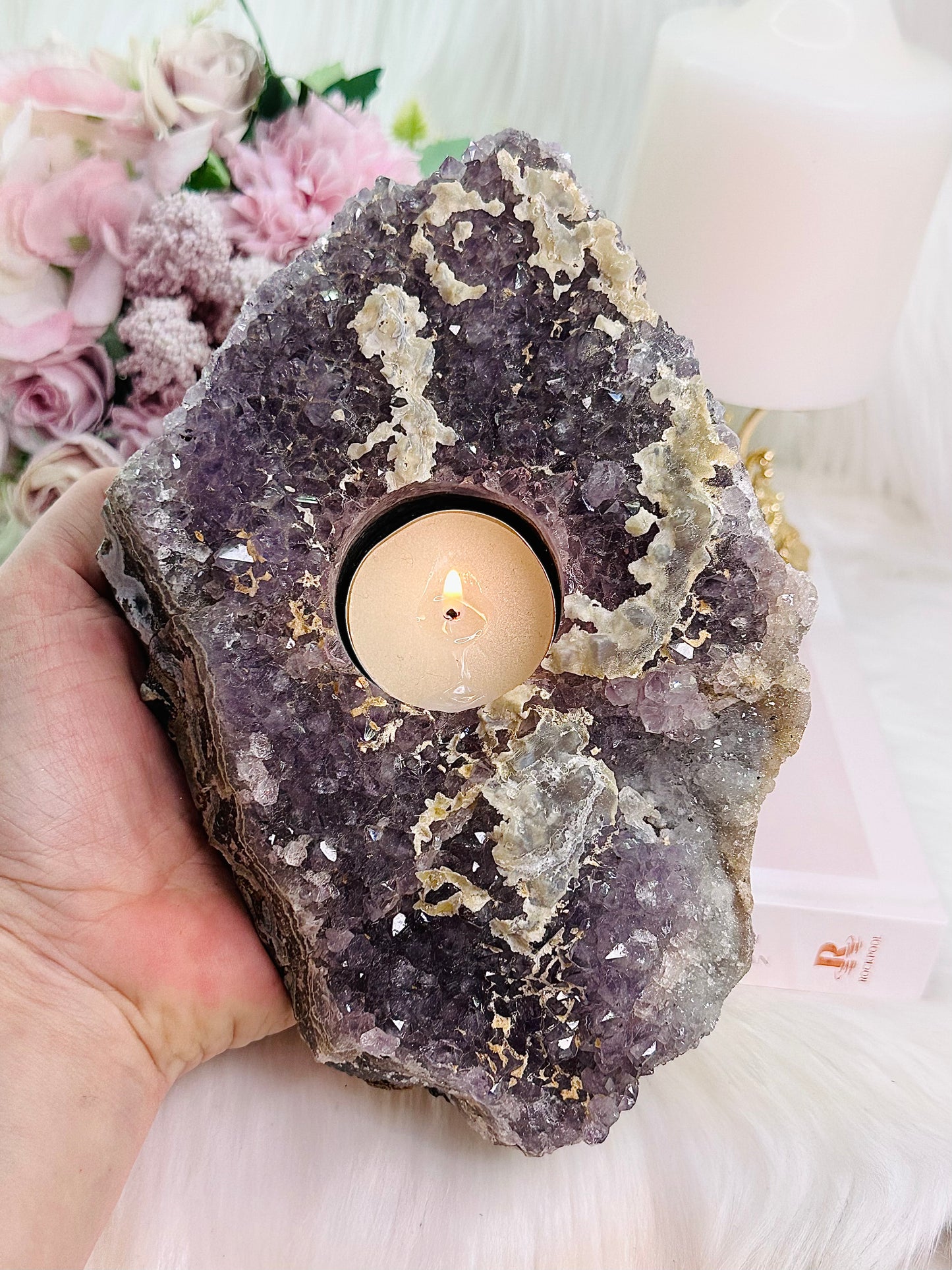 Stunning Large 1.26KG Amethyst Cluster Candle Holder With Gorgeous Calcite Inclusions From Brazil