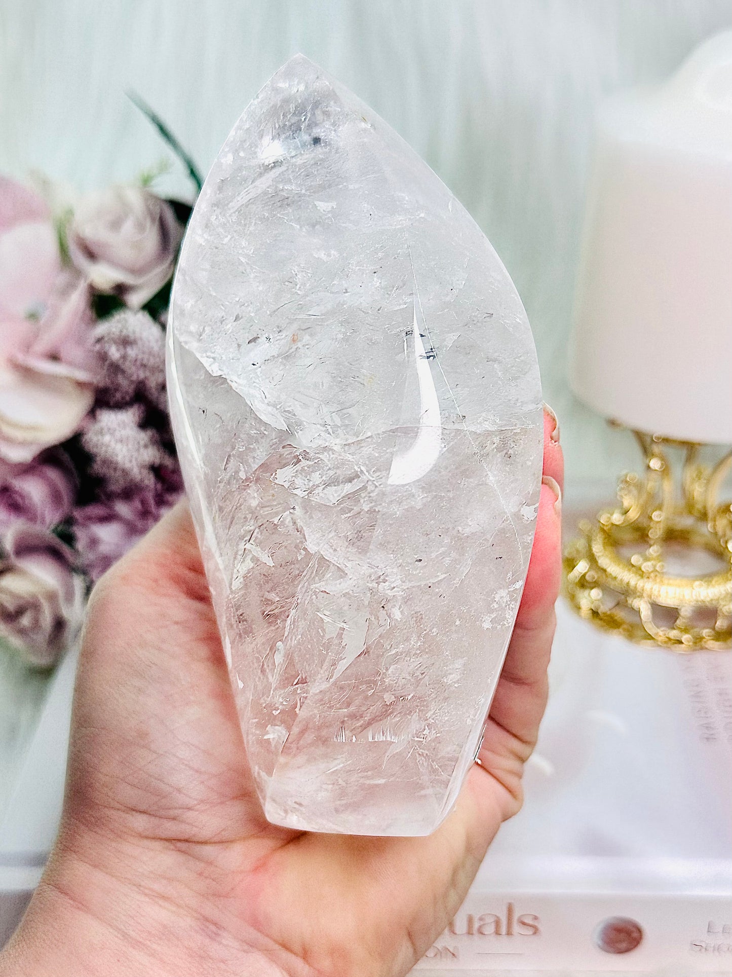 The Most Absolutely Stunning High Grade Large Clear Quartz Carved Flame | Freeform with Rainbows From Brazil 677grams