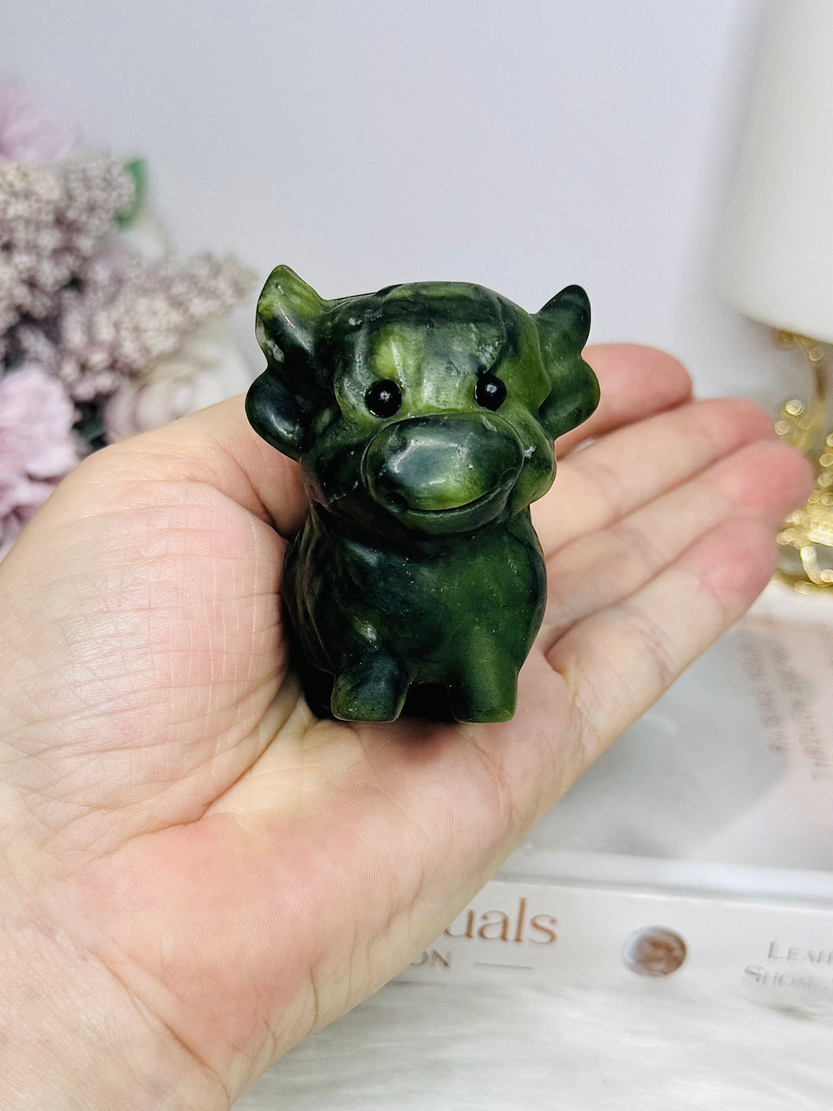 Green Jade Highland Cow Carving 6cm