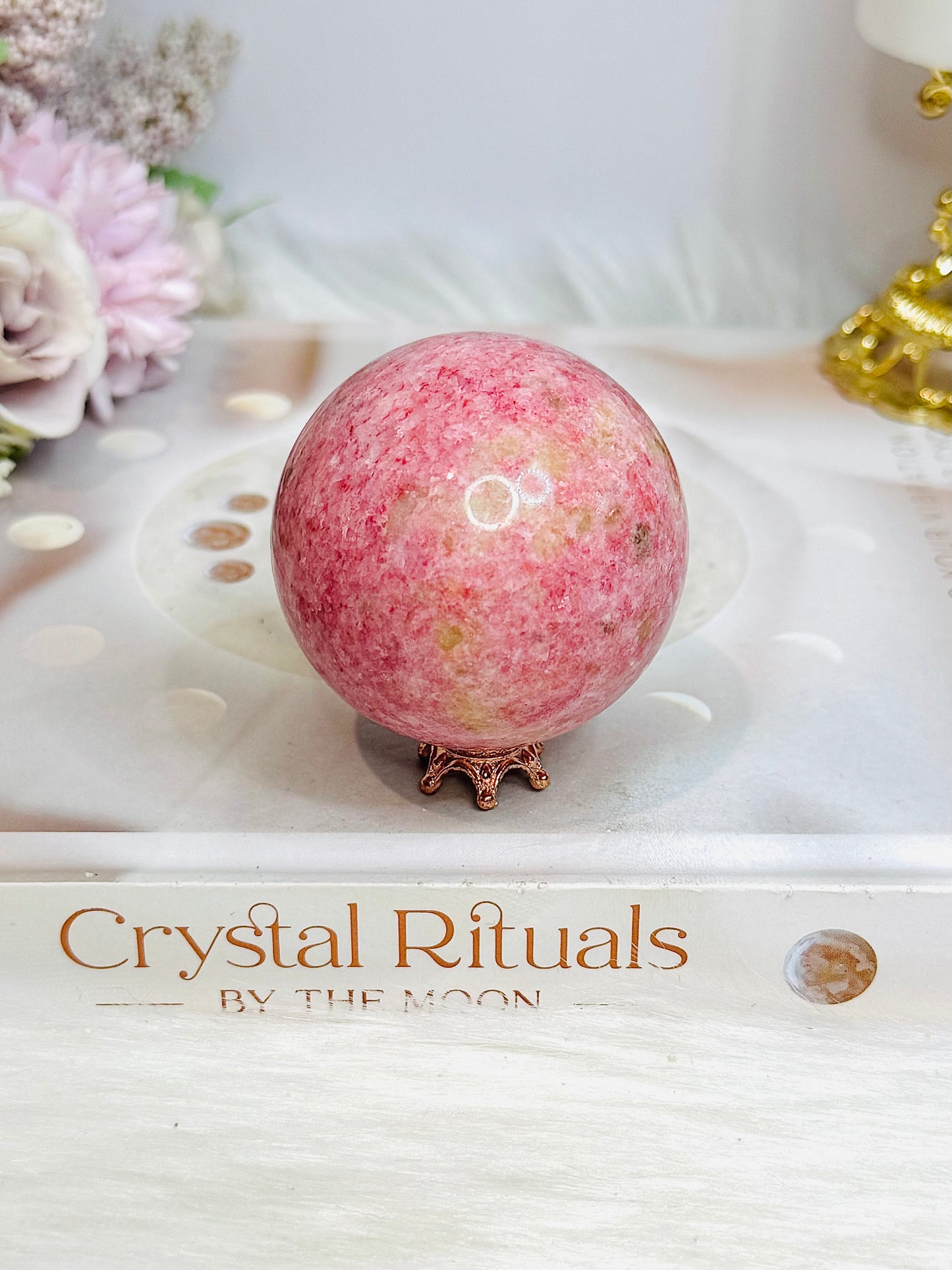 Thulite Sphere with Epidote 207g On Stand