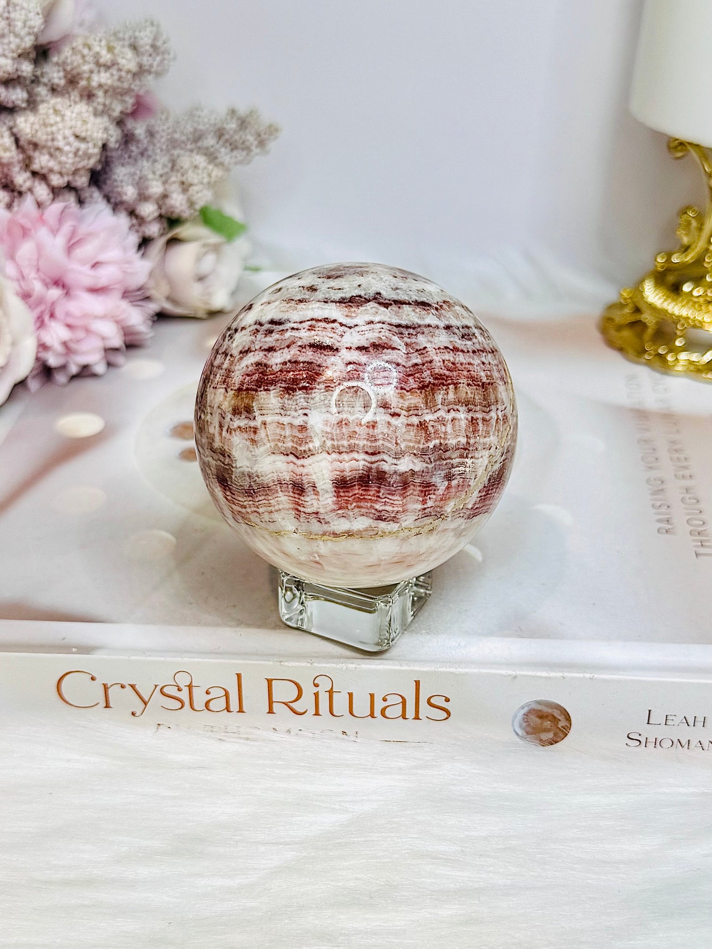 Pink Banded Calcite | Pork Stone Sphere On Stand 307g