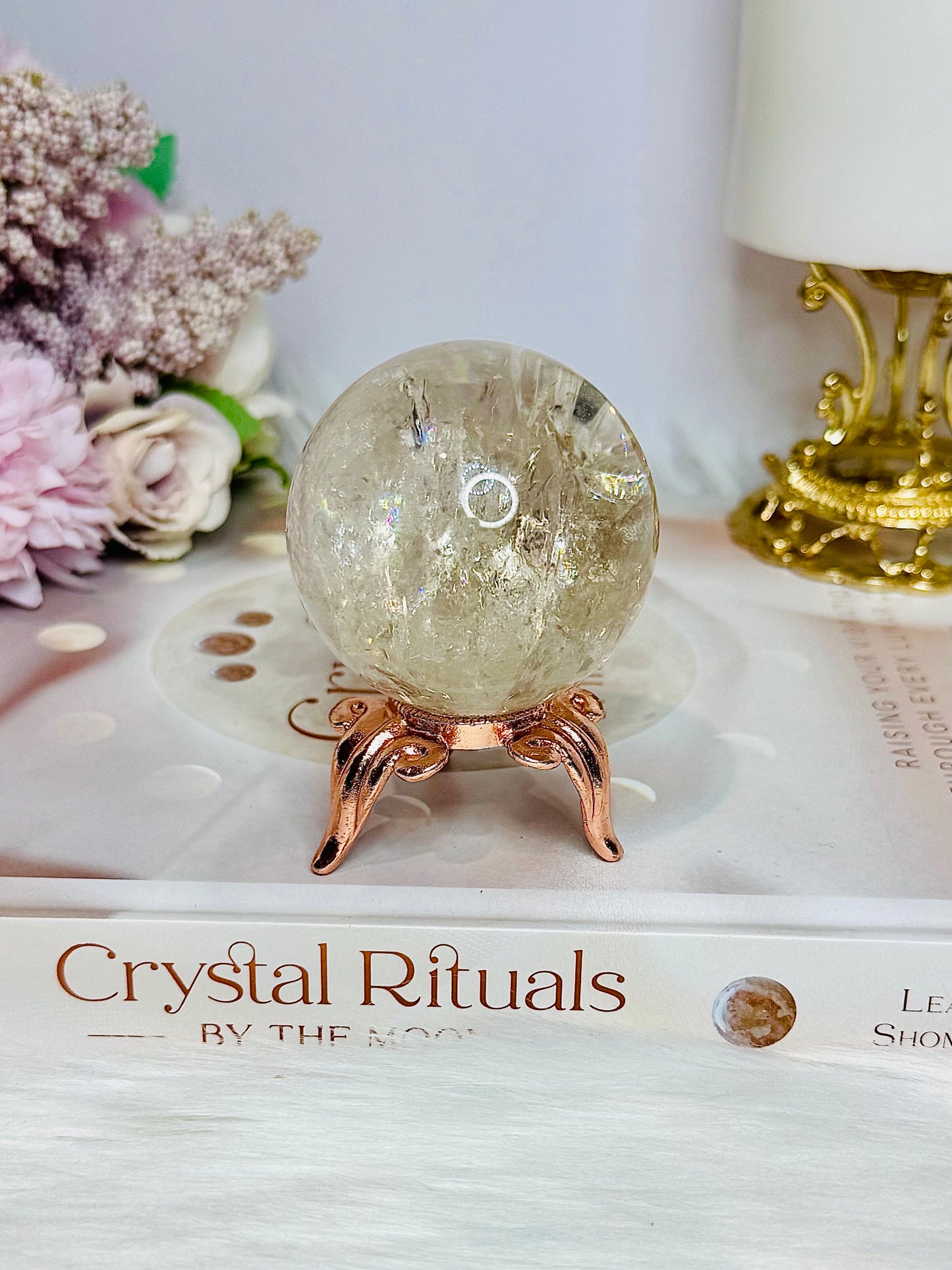 High Grade Light Smokey Quartz Sphere with Rainbows on Stand 186g