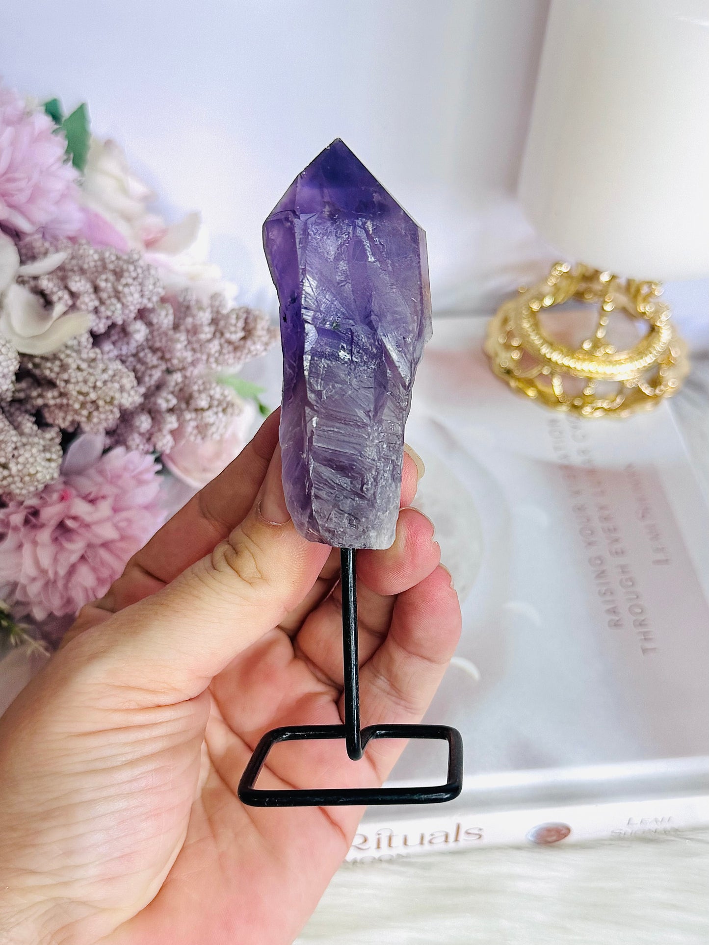 Beautiful Natural Amethyst Point | Tower On Black Stand 12cm