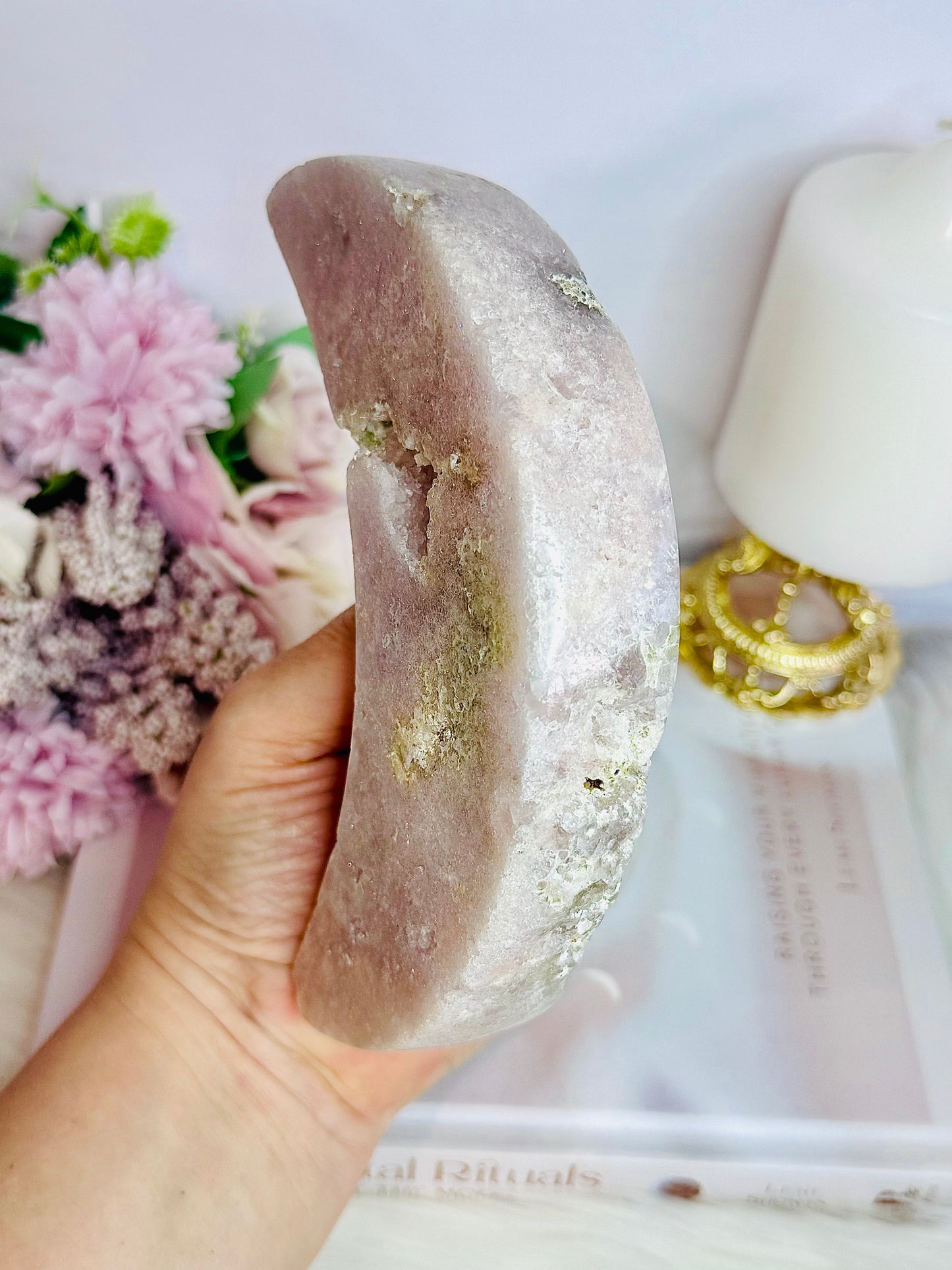 Stunning Large Chunky 15cm Druzy Pink Amethyst Carved Moon From Brazil