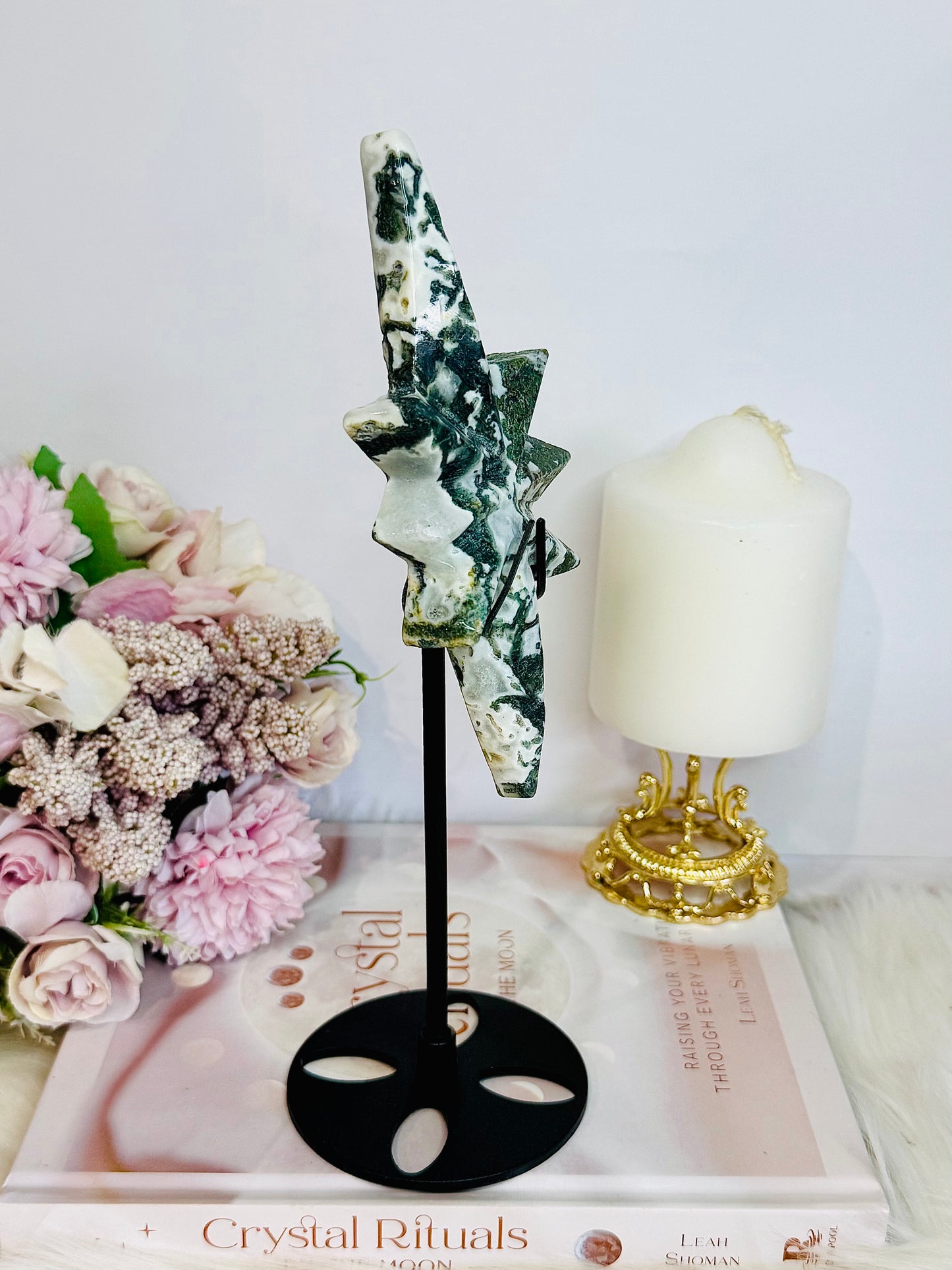 Stunning Large Natural Moss Agate Carved Polaris Star On Stand 24.5cm