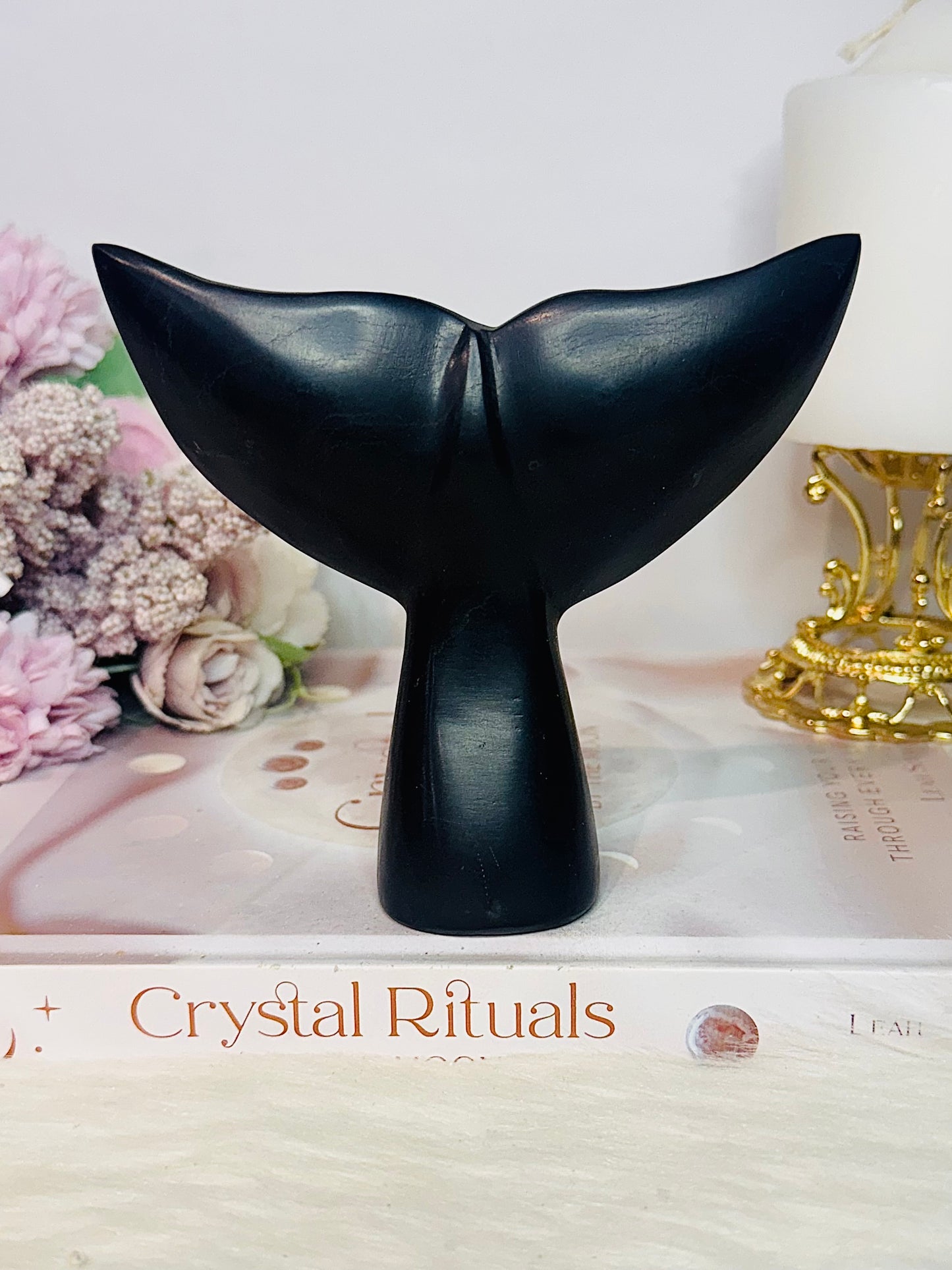 Black Aragonite Carved Whale Tail 12cm
