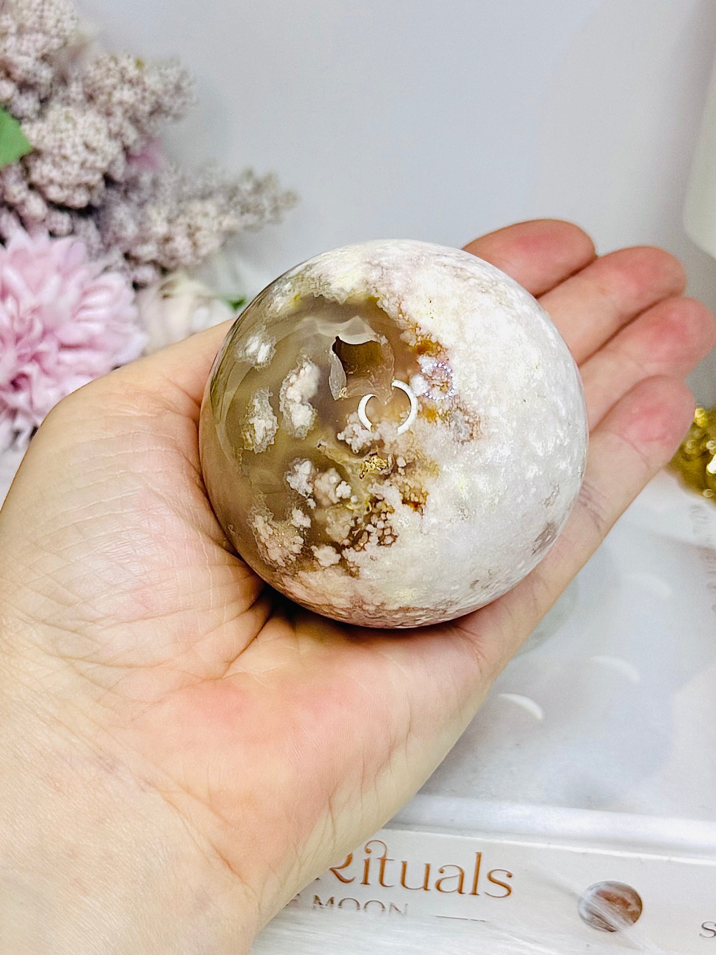 Druzy Flower Agate Sphere on Stand 301g
