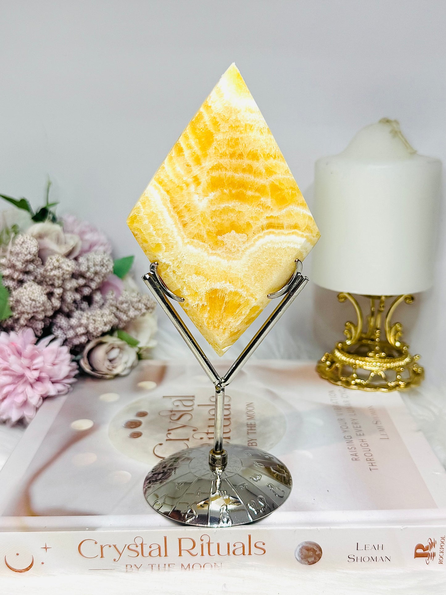 Orange Calcite Diamond Carving On Stand 18cm