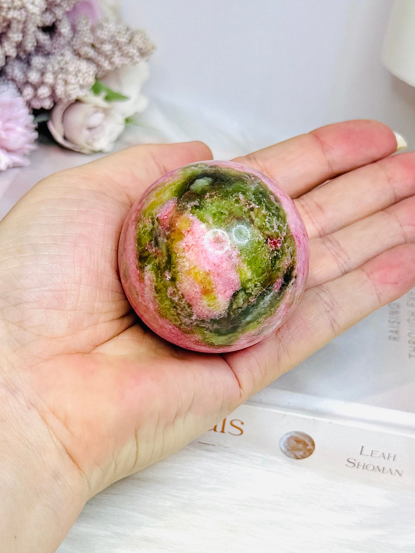 Thulite Sphere with Epidote 209g On Stand