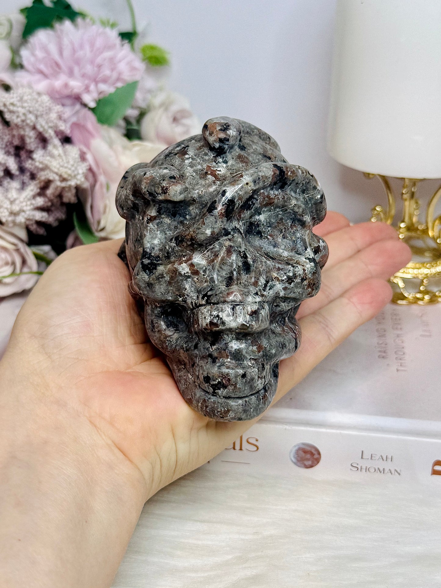 Large Yooperlite Carved Skull with Snake (UV Reactive) 617g