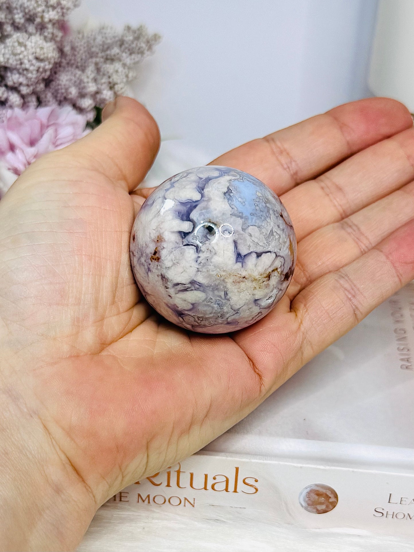 High Grade Blue Flower Agate Sphere on Stand 119g