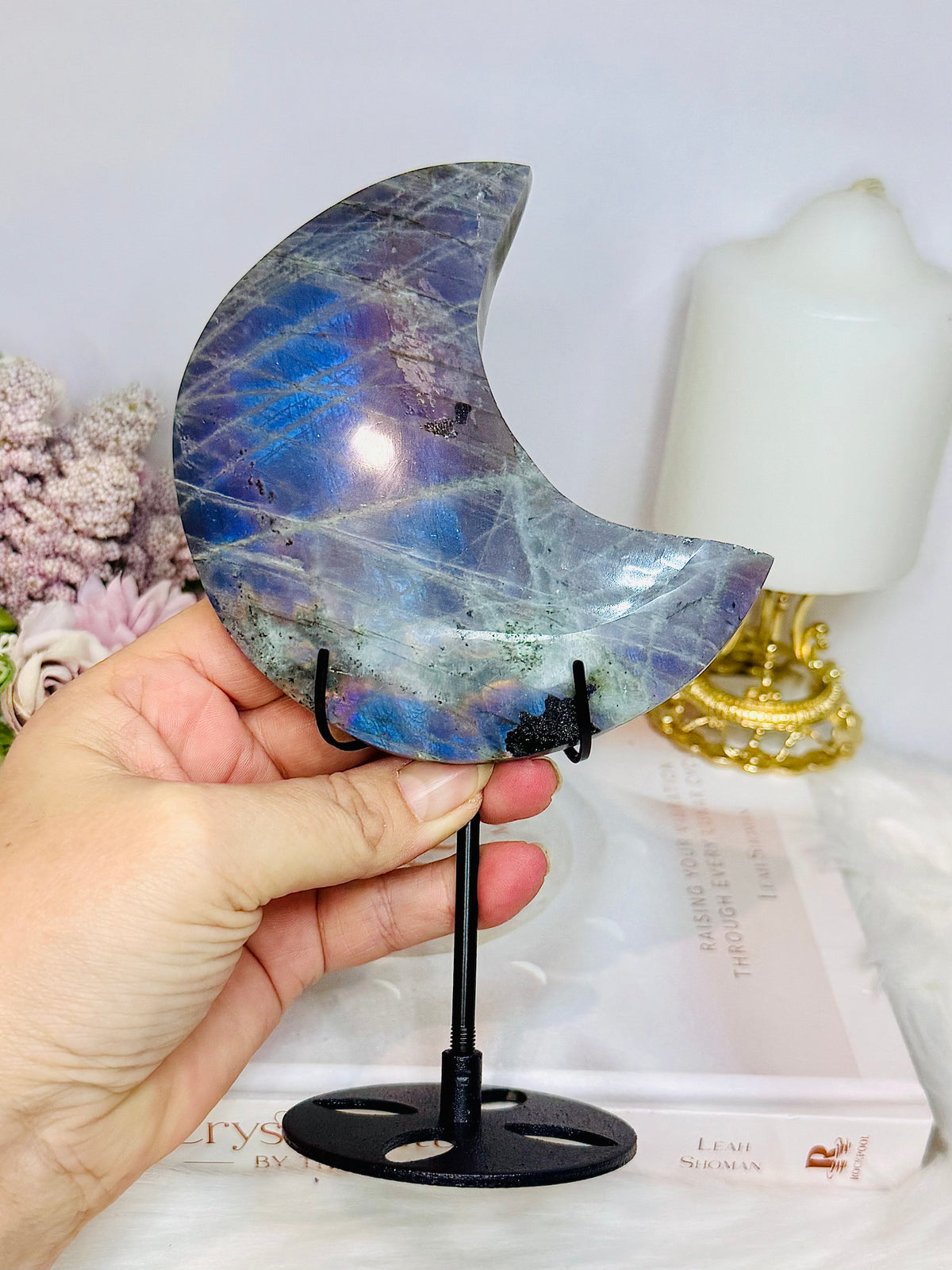 High Grade Large Labradorite Carved Moon Full of Flash 19.5cm