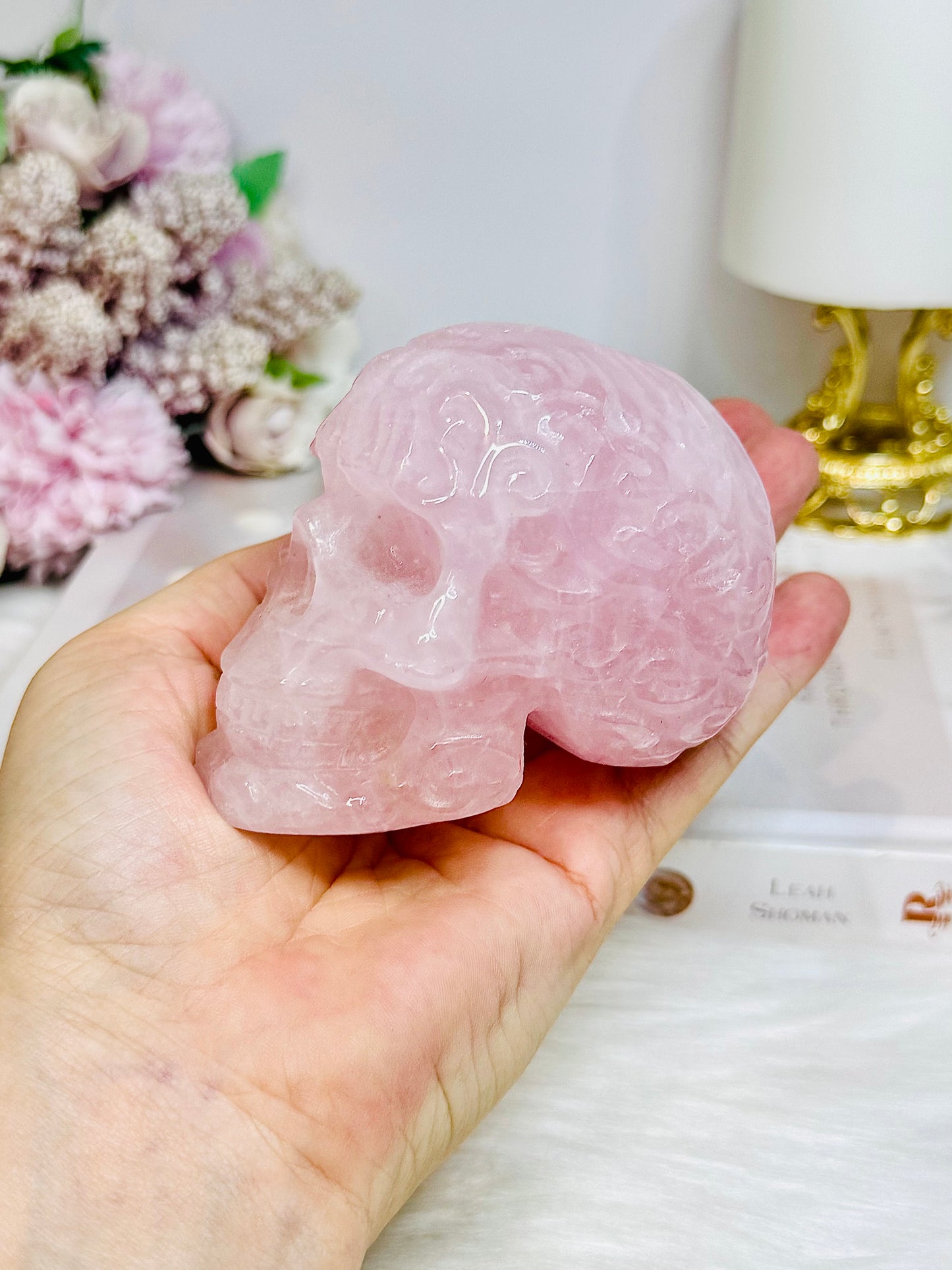 Large Rose Quartz Filigree Skull 8.5cm 407g