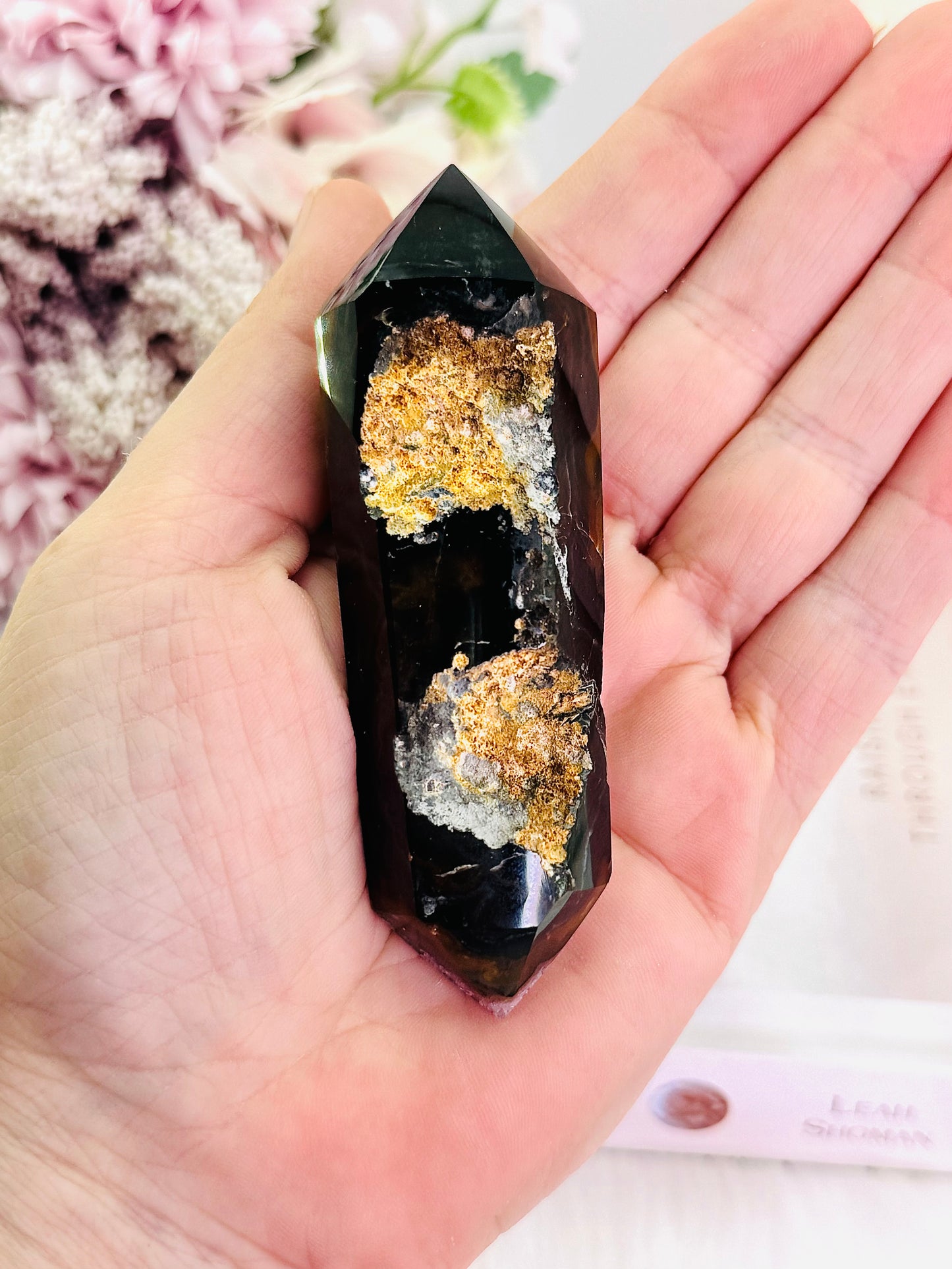 Divine High Grade Druzy Agate Double Terminated Point On Gold Stand 10cm