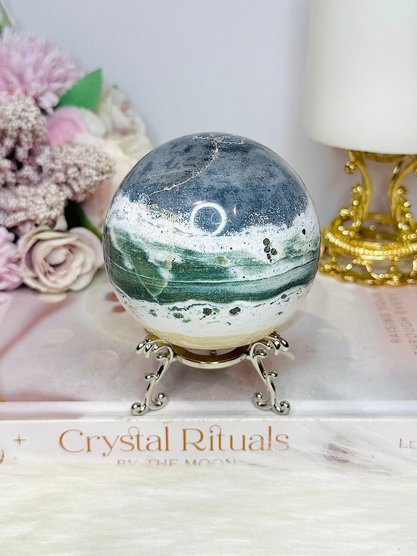 Large Ocean Jasper Sphere on Stand 489g