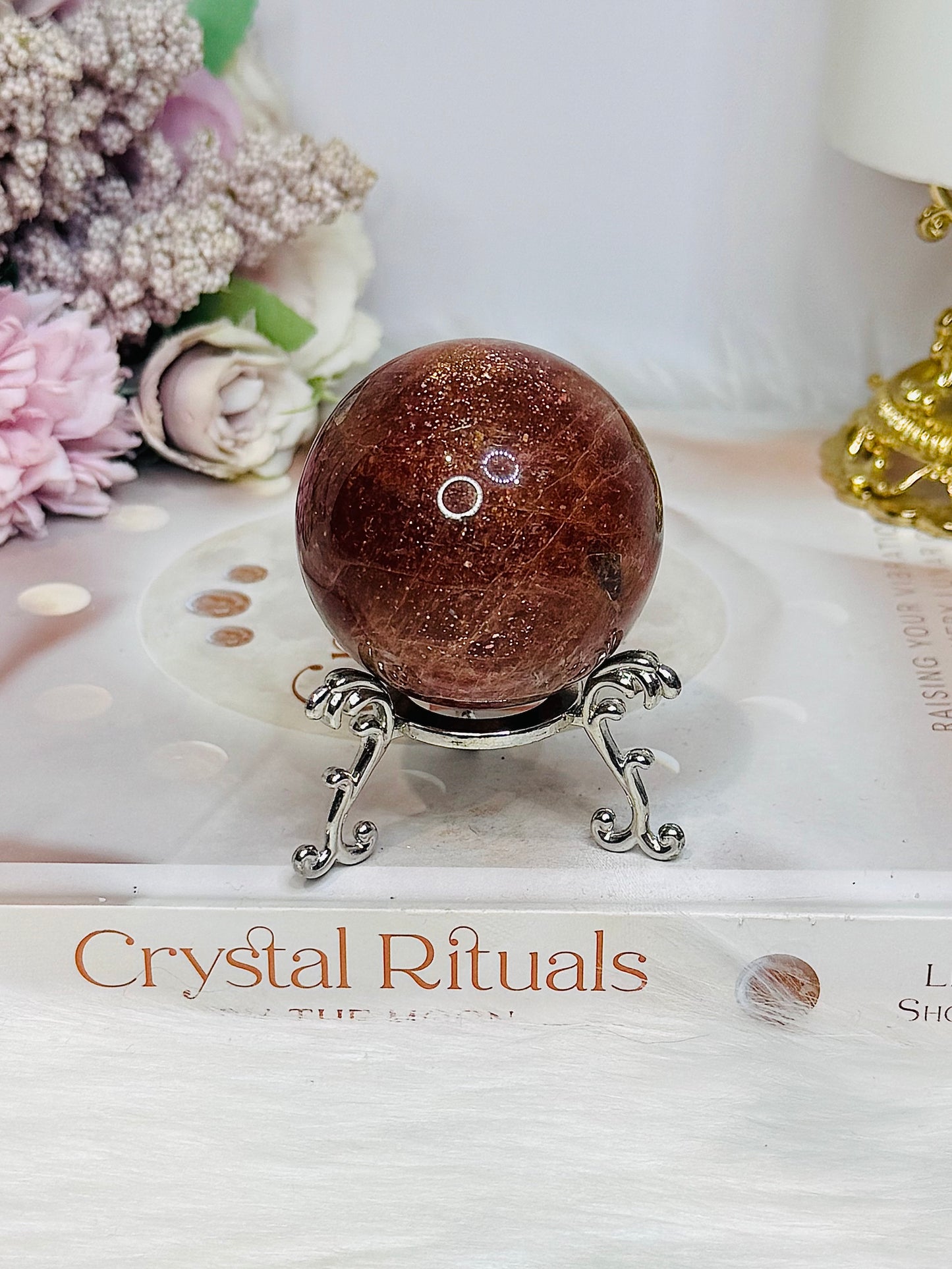 High Grade Sparkling Gold Sunstone X Moonstone Sphere on Stand 161g
