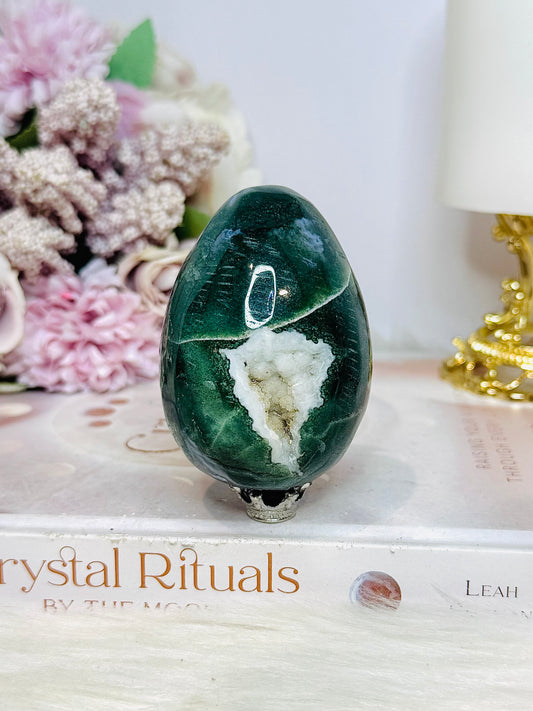 Moss Agate Druzy Carved Egg On Stand 7cm