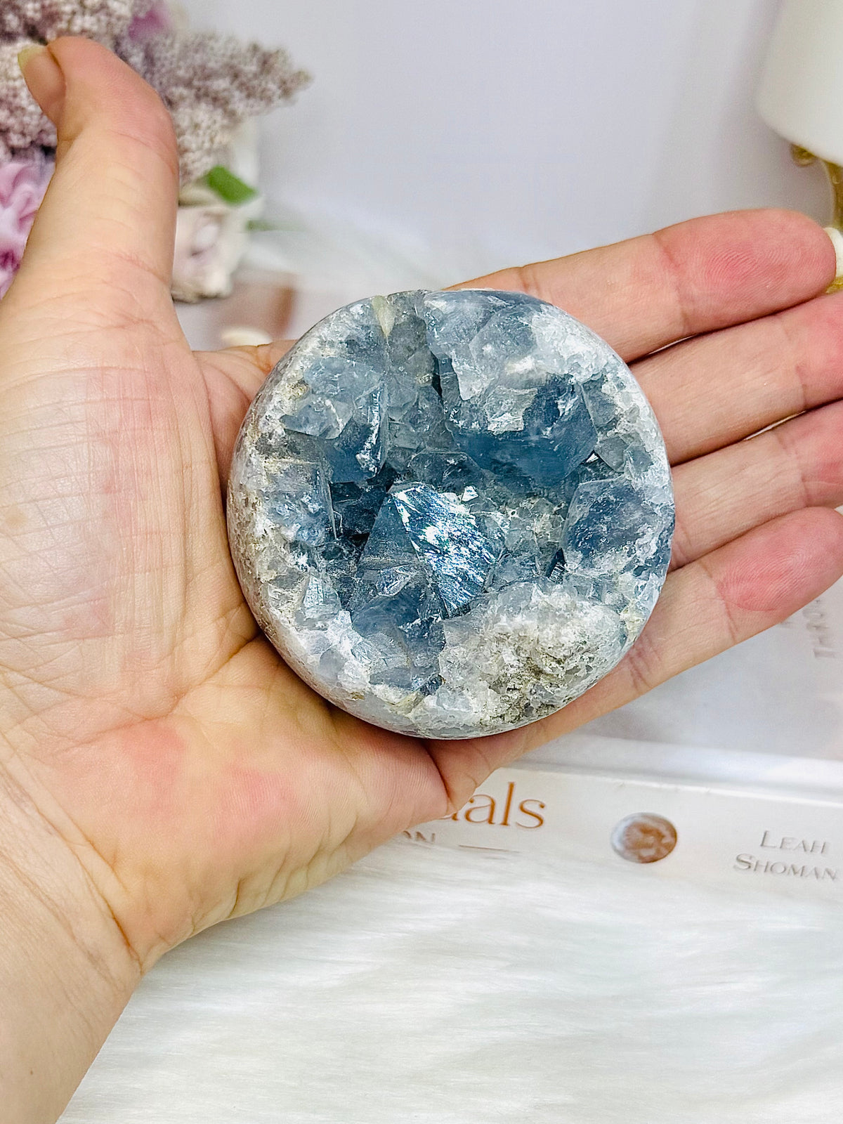 Blue Celestite Round Freeform 262g On Stand