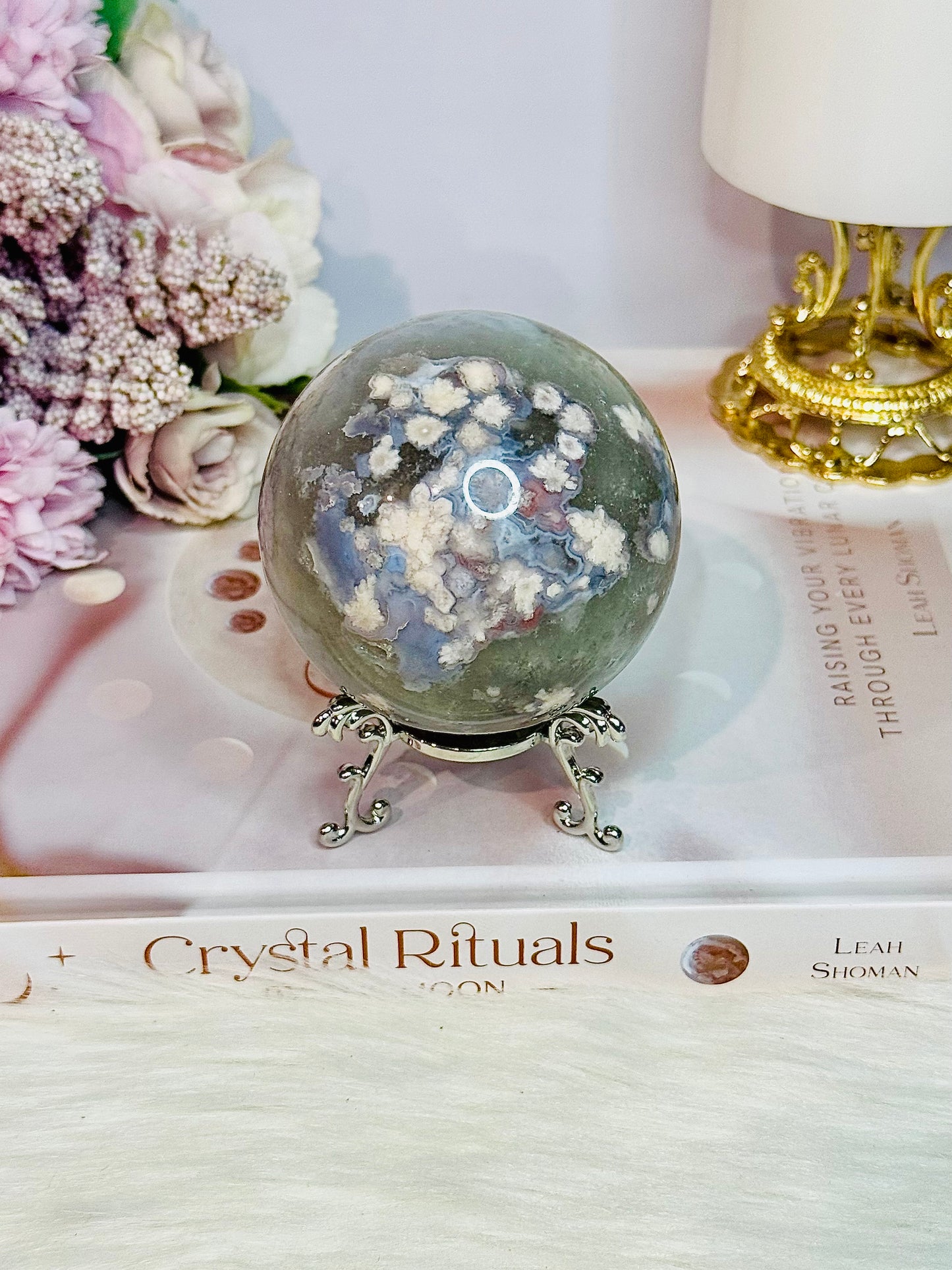 Elegant Green Flower| Blossom Agate Sphere On Stand 289grams