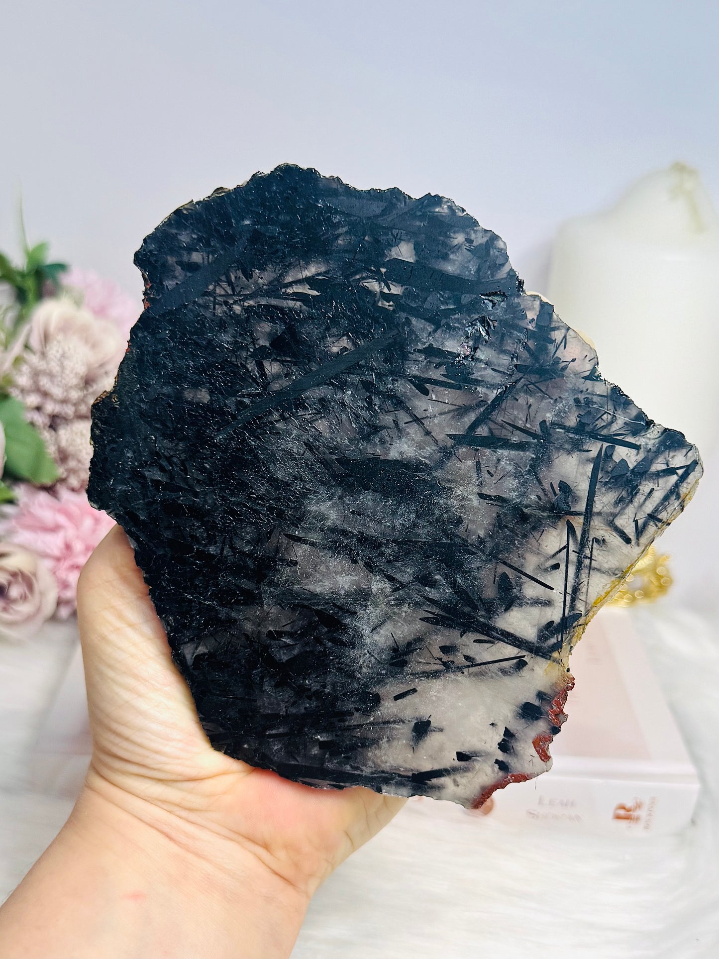 Black Tourmaline in Quartz Slab on Stand 13cm