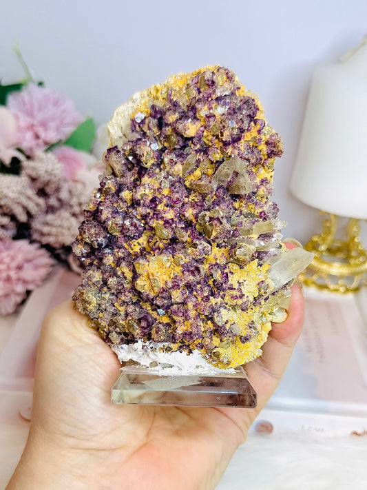 A Collectors Piece ~ High Grade Druzy Purple Fluorite Specimen on Stand 12cm 427 (Glue on bottom of specimen)