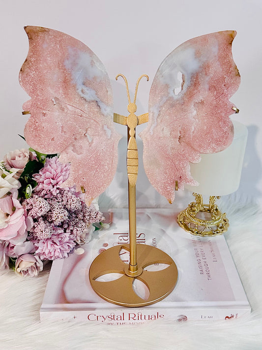 Stunning Large 27cm Druzy Pink Amethyst Carved Butterfly Wings On Gold Stand From Brazil