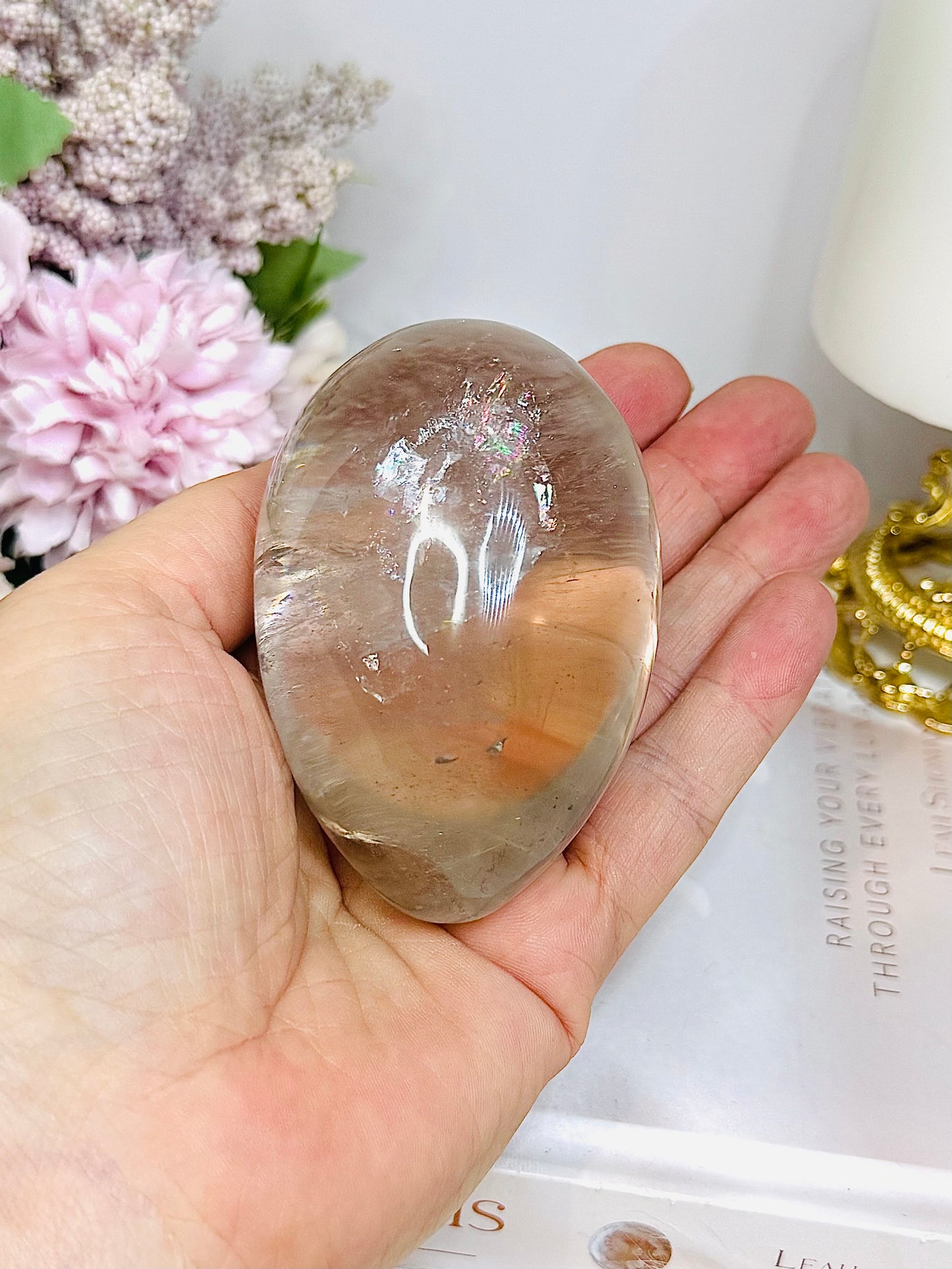 Large Quartz Egg On Stand with Rainbows 280g
