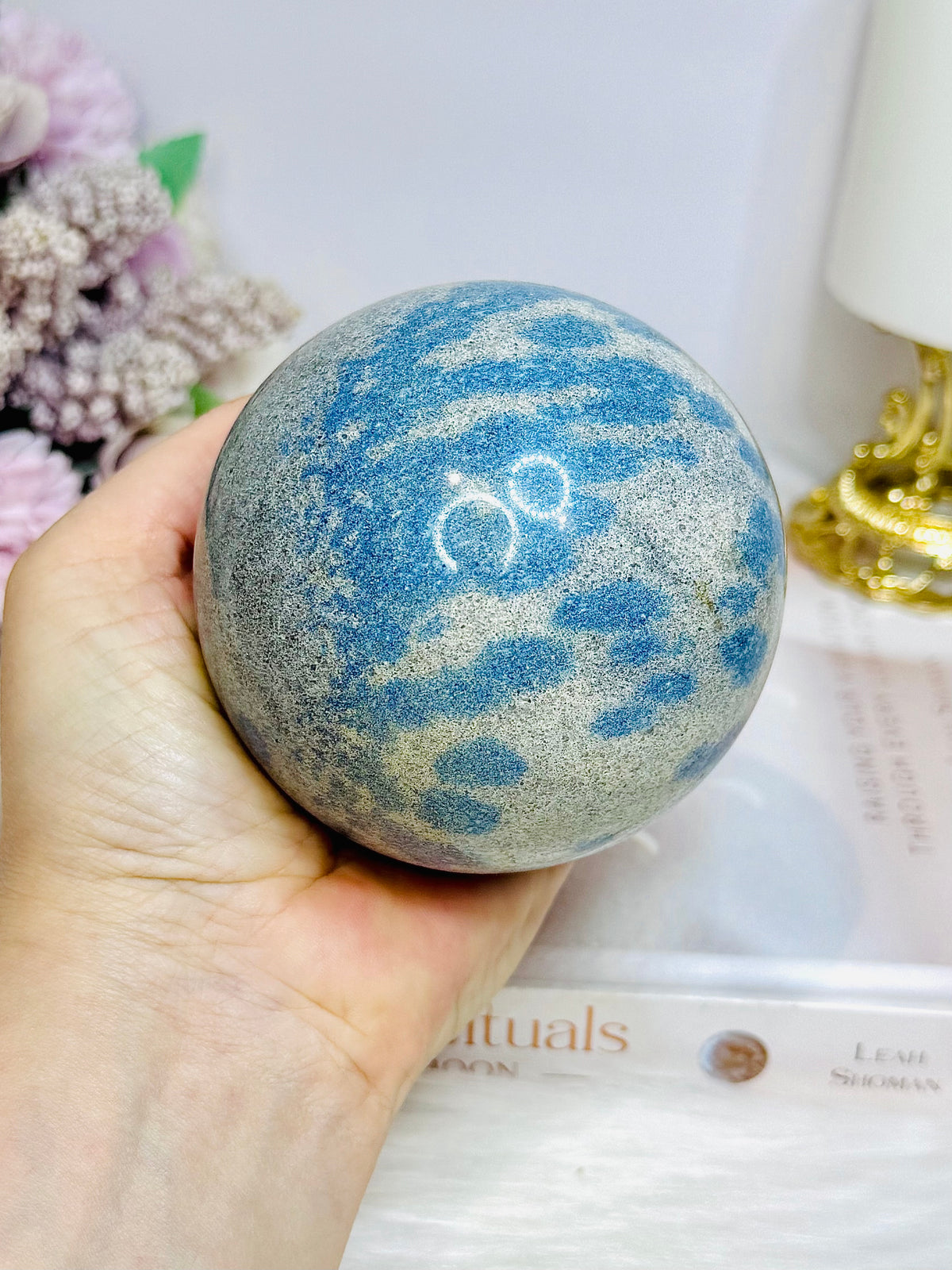 Large K2 Granite with Azurite Sphere On Stand 770g