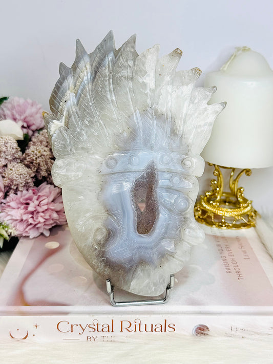 Large Druzy Agate Carved Indian Head On Stand 17cm