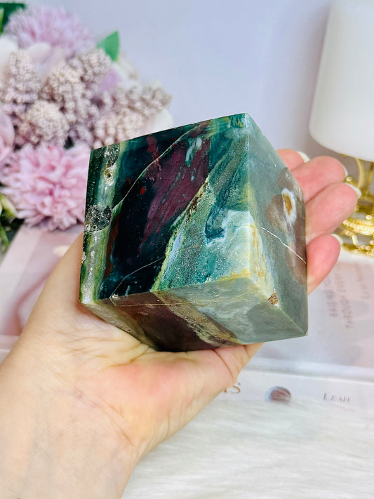 Large Ocean Jasper Carved Cube 611g