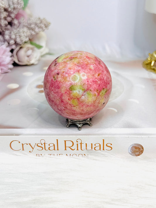 Thulite Sphere with Epidote 199g On Stand