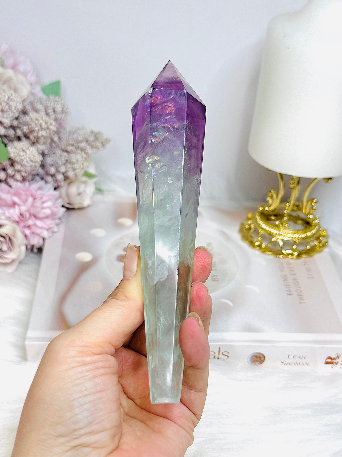 Watermelon Fluorite Tower | Wand with Rainbows 15.5cm
