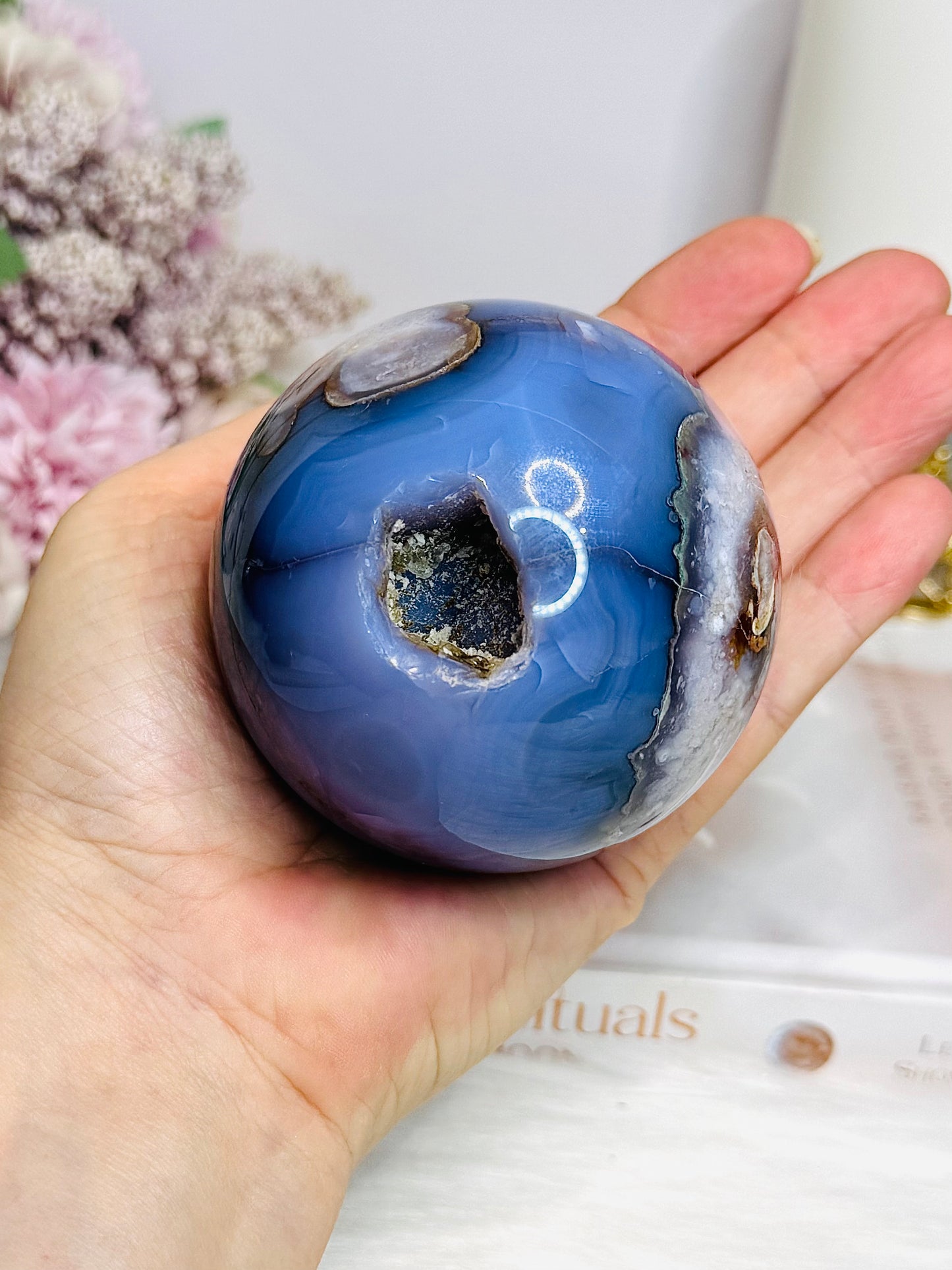 Large Blue Flower Agate | Cherry Blossom Druzy Sphere on Stand 482g