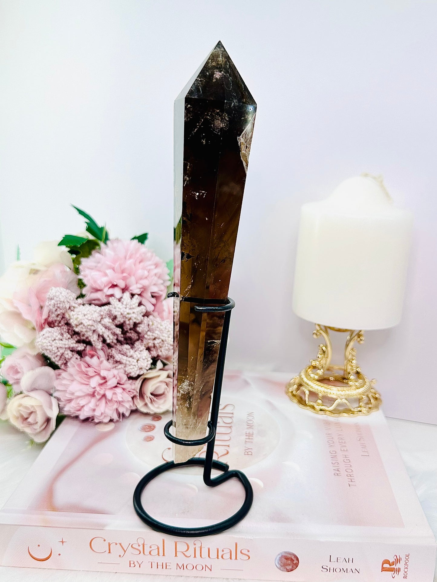 Supports Anxiety & Depression ~ Stunning Tall 22cm Smokey Quartz Wand | Tower on Black Stand