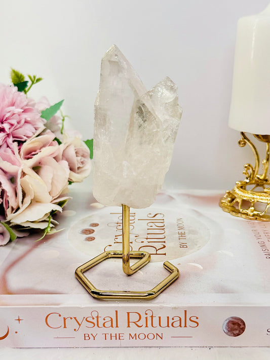 Natural High Grade Clear Quartz Specimen on Gold Stand 13cm From Brazil