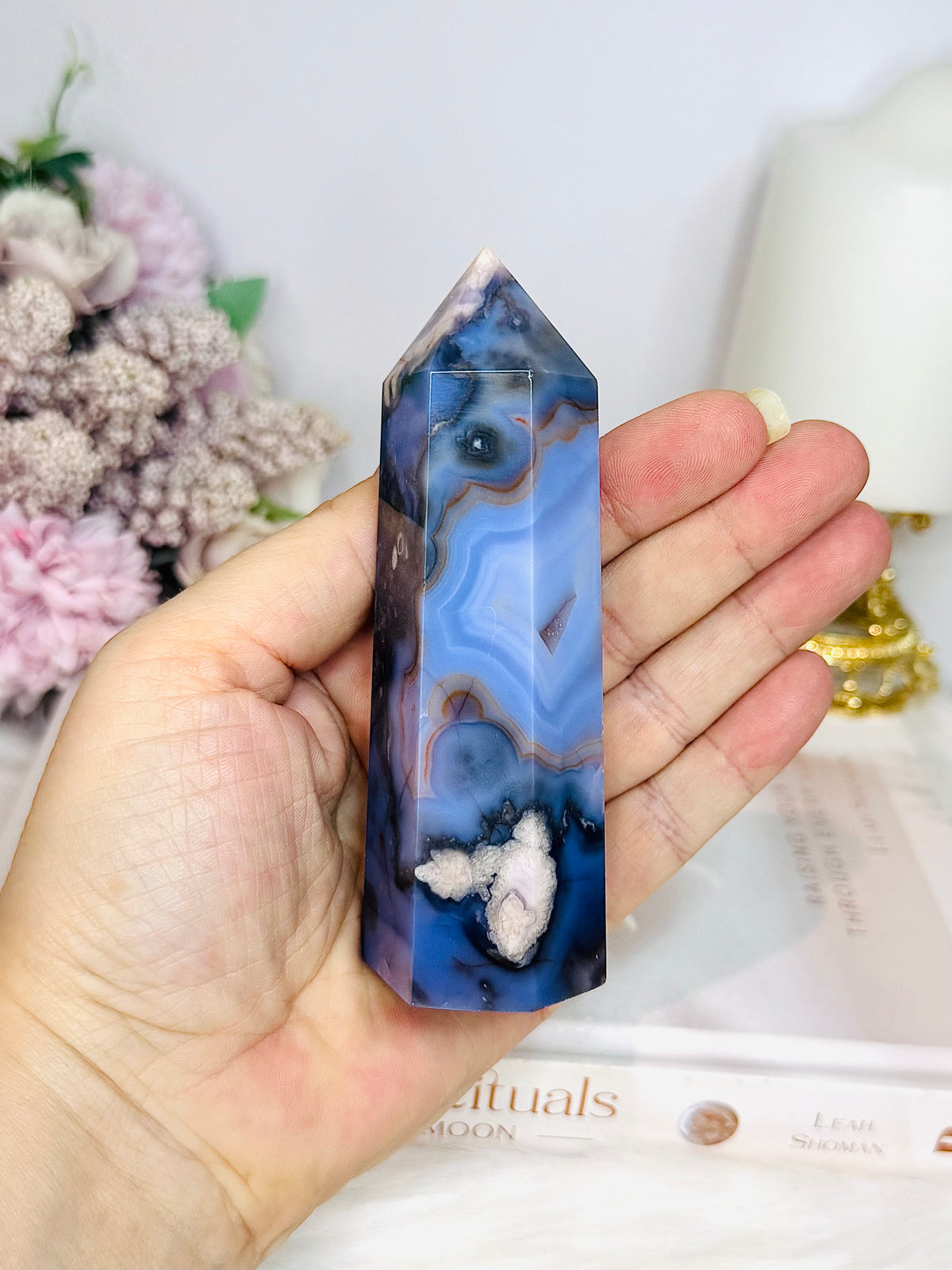 High Grade Blue Flower Agate Druzy Tower 11cm