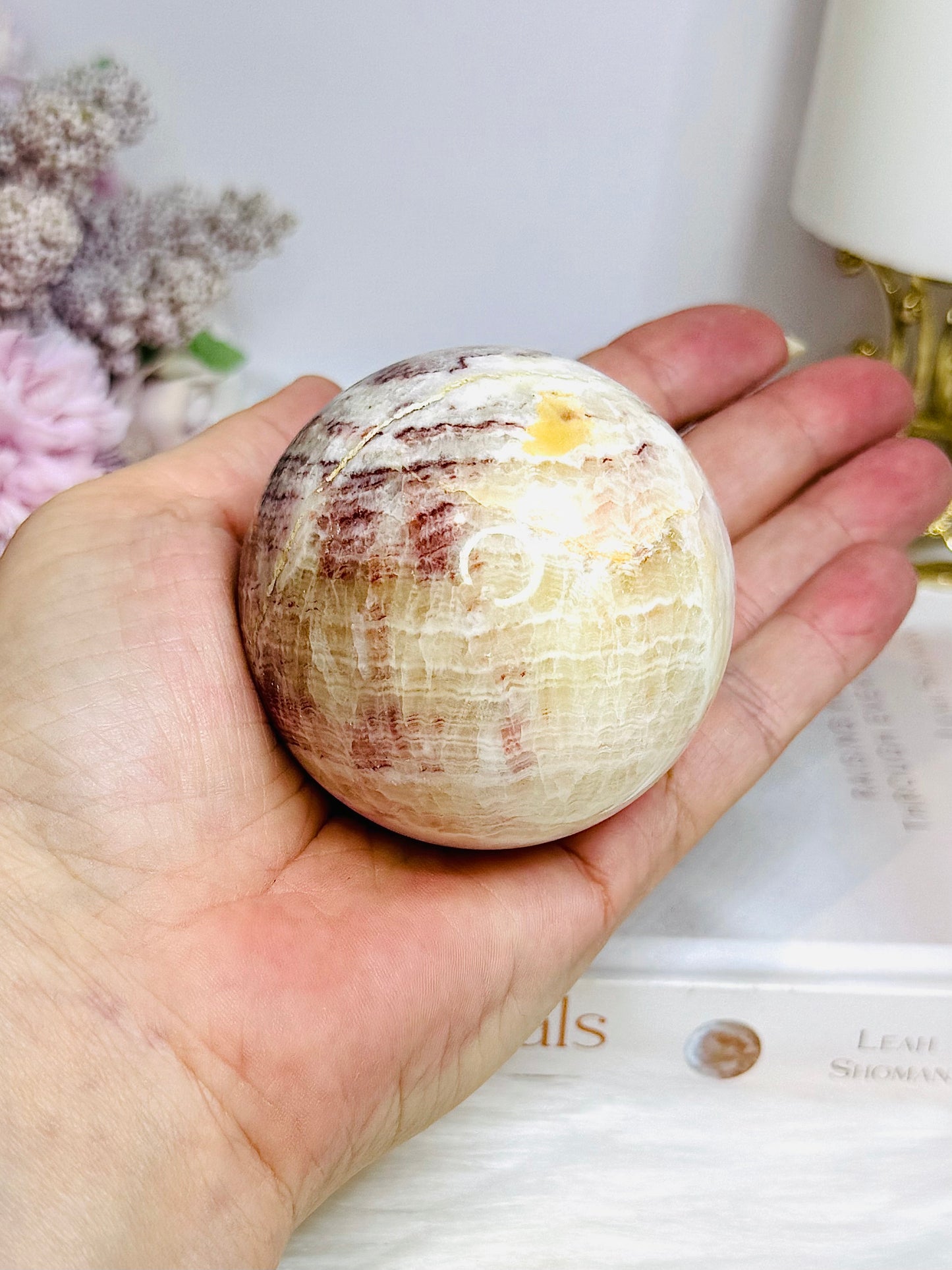Pink Banded Calcite | Pork Stone Sphere On Stand 307g