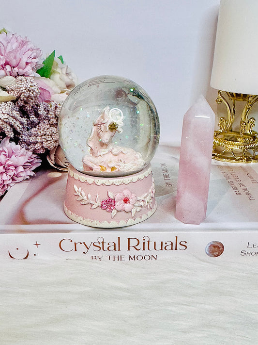 Pink Unicorn Set ~ Beautiful Unicorn Snow Globe Figurine with Rose Quartz Tower