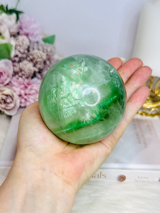 Large Green Fluorite Sphere Full of Rainbows 777g