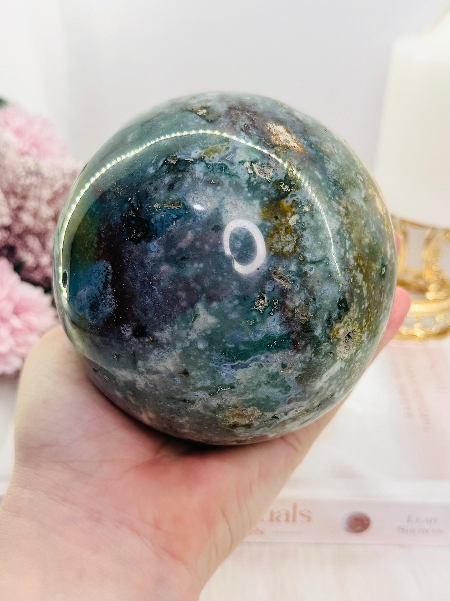 Divine Huge 1.43KG Natural Ocean Jasper Druzy Sphere On Stand