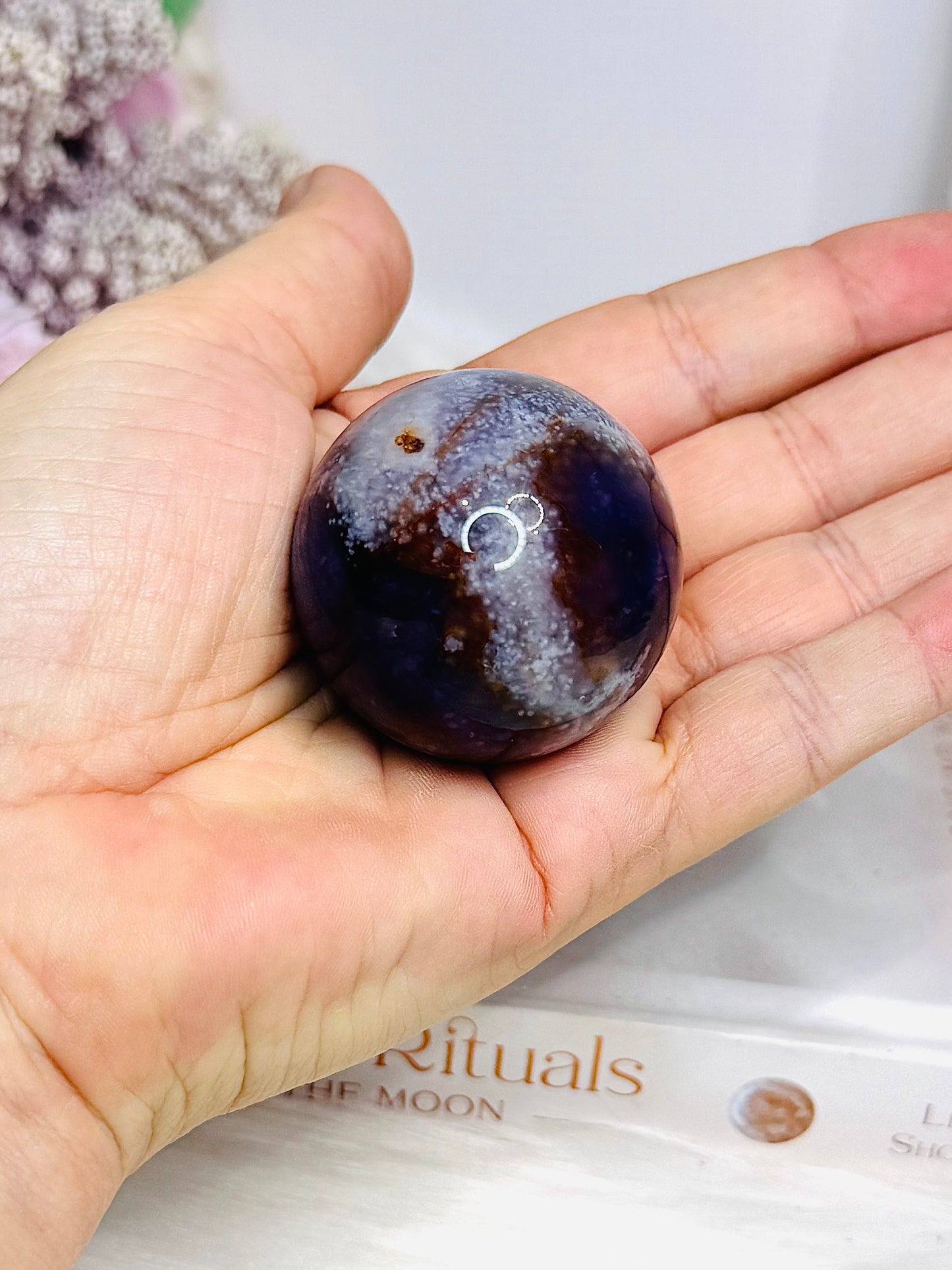 Blue Flower Agate Sphere on Stand 102g