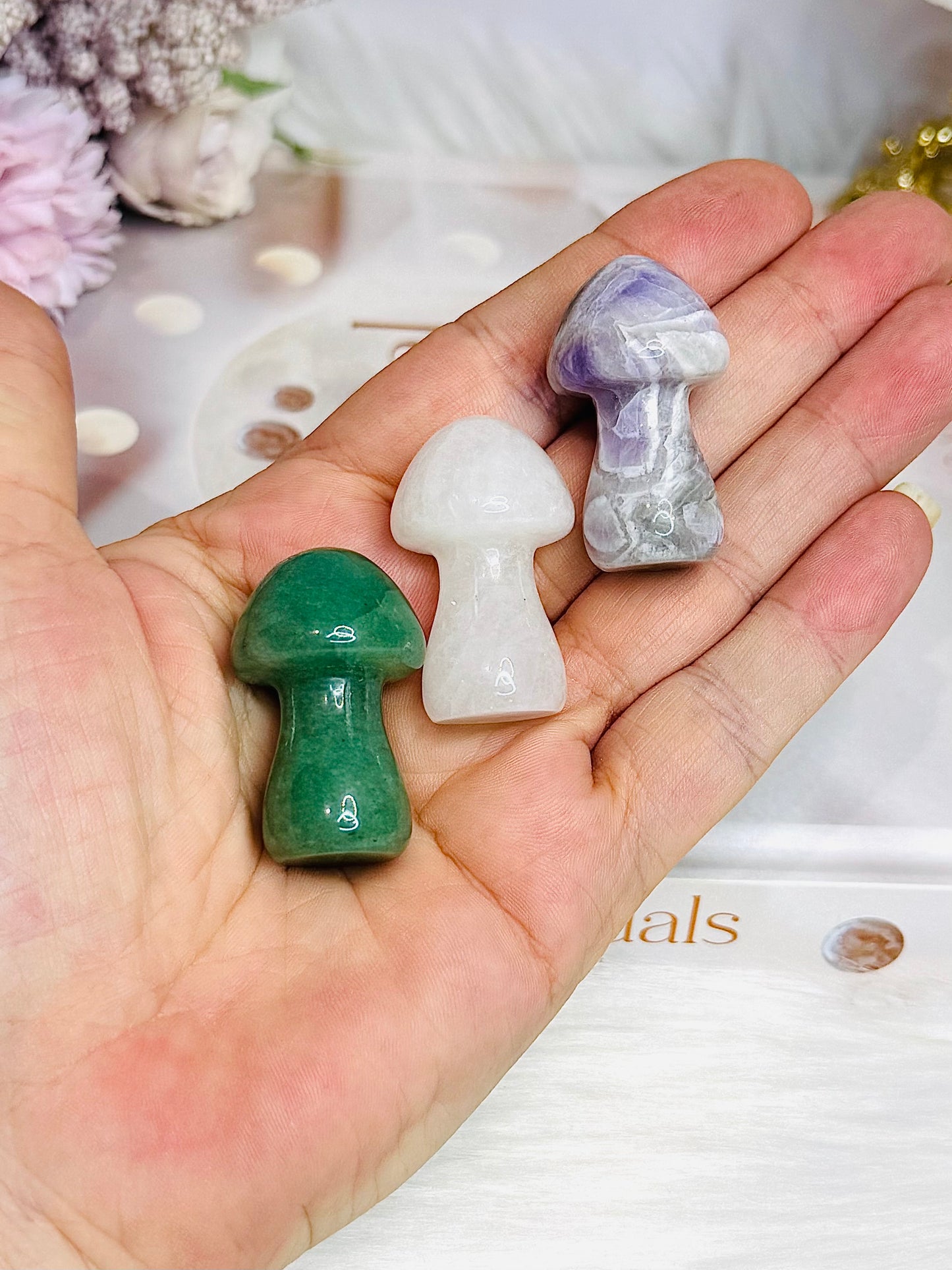 Set of 3 Mushrooms ~ Green Aventurine, Clear Quartz & Chevron Amethyst