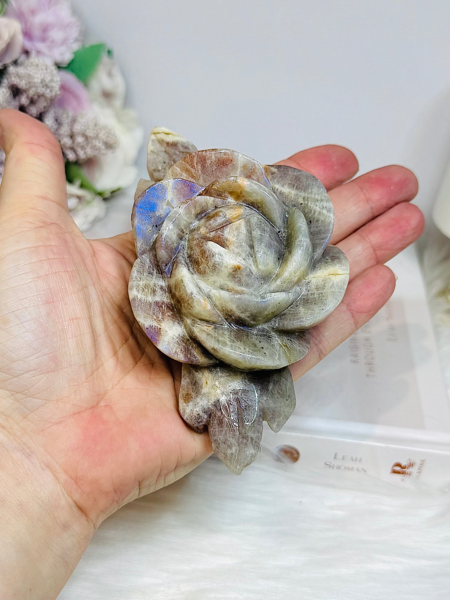 Large High Grade Moonstone Rose With Flash on Gold Stand 18cm